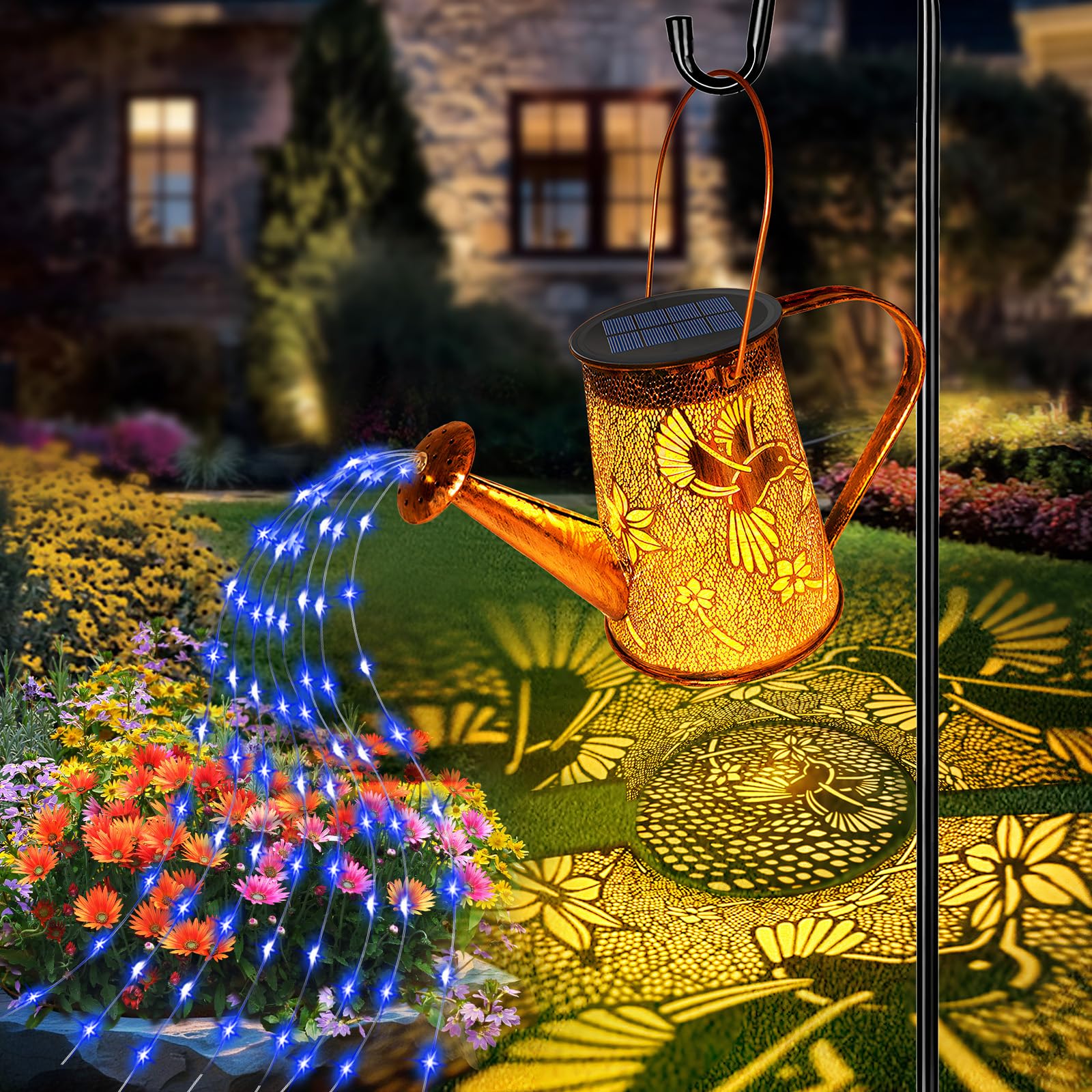 YJFWAL Solar Watering Can Lights, Hummingbird Design, Metal, Waterproof, Blue, 1-Pack Garden Decor for Outdoor Patio and Yard