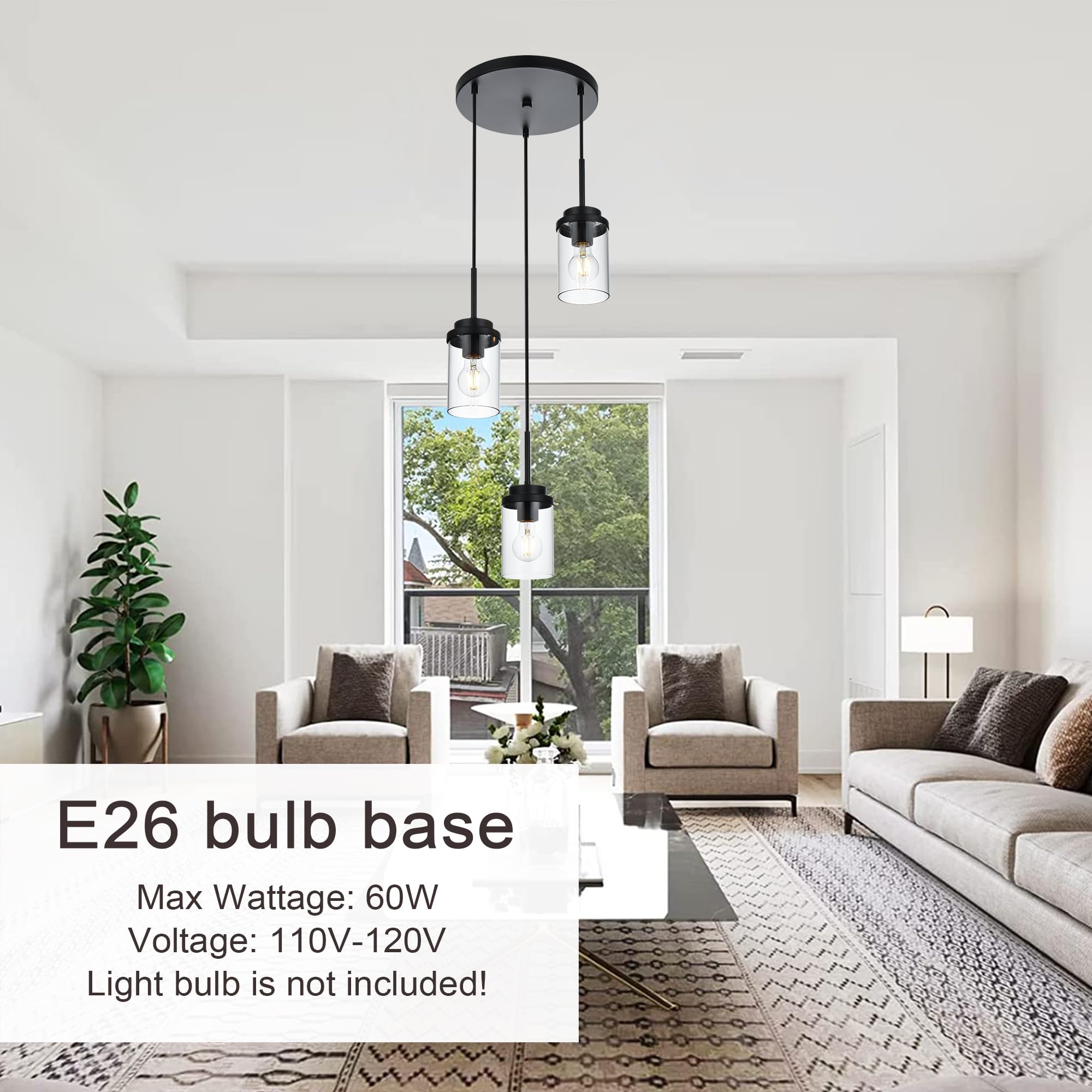 MELUCEE 3-Light Black Pendant Light Fixture with Clear Glass Shade, Modern Design for Kitchen Island, Model 4-4501-3RD-BL
