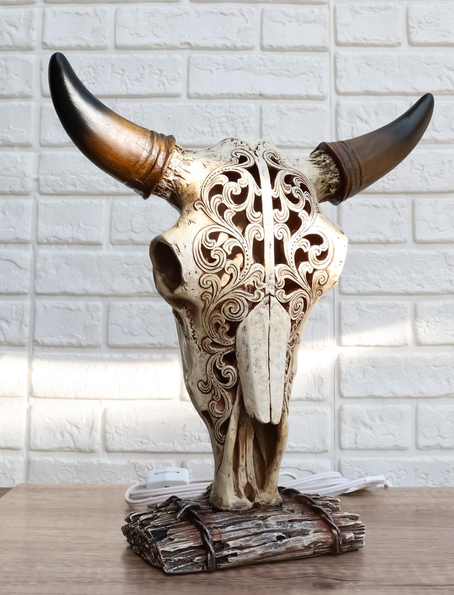 Ebros Gift 12.5" Tall Aged Bone Filigree Steer Skull Night Light Lamp Decor