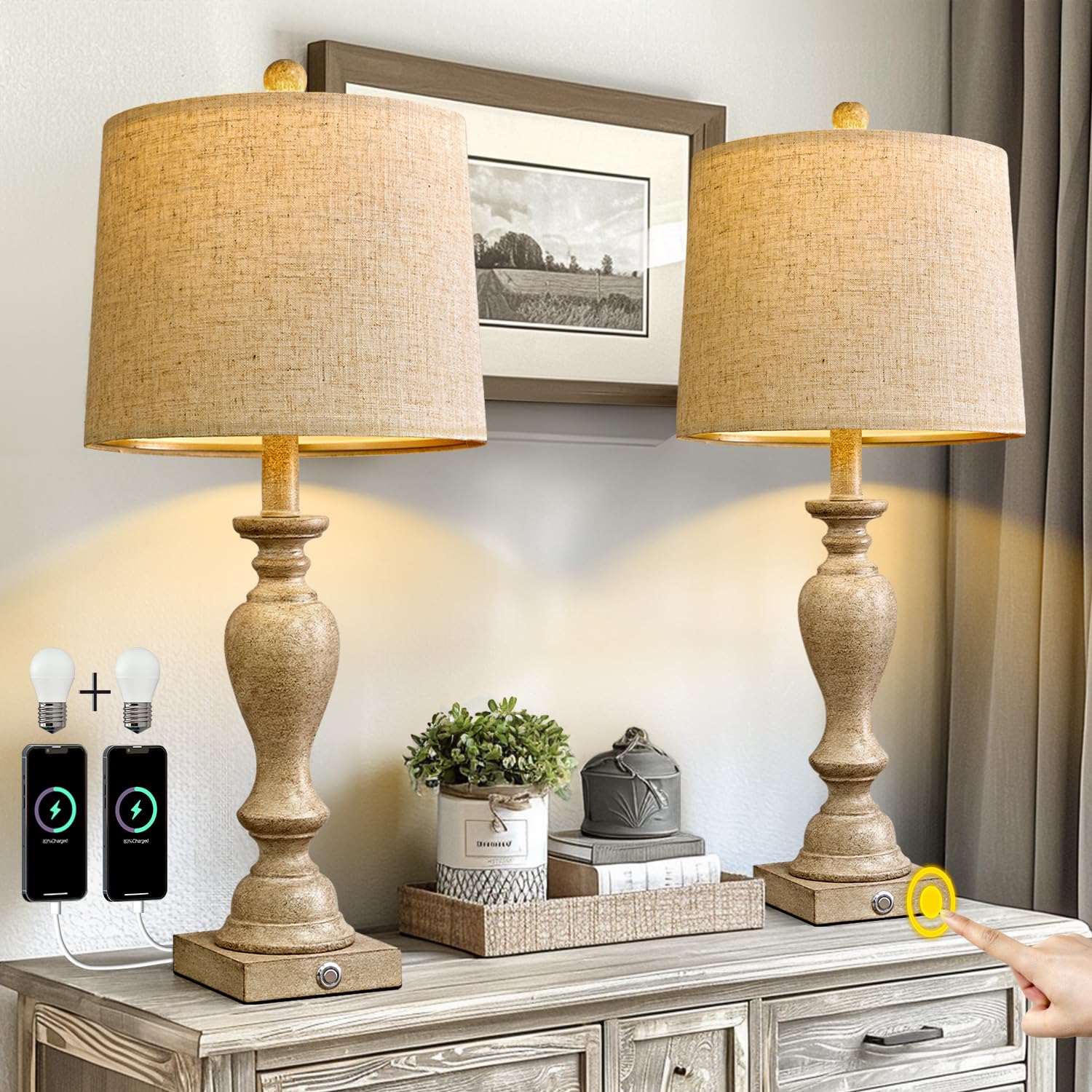 Portres 25.75'' Farmhouse 3-Way Dimmable Table Lamp Set Of 2 Touch Control Bedside Lamps Nightstand Lamps For Living Room Rustic