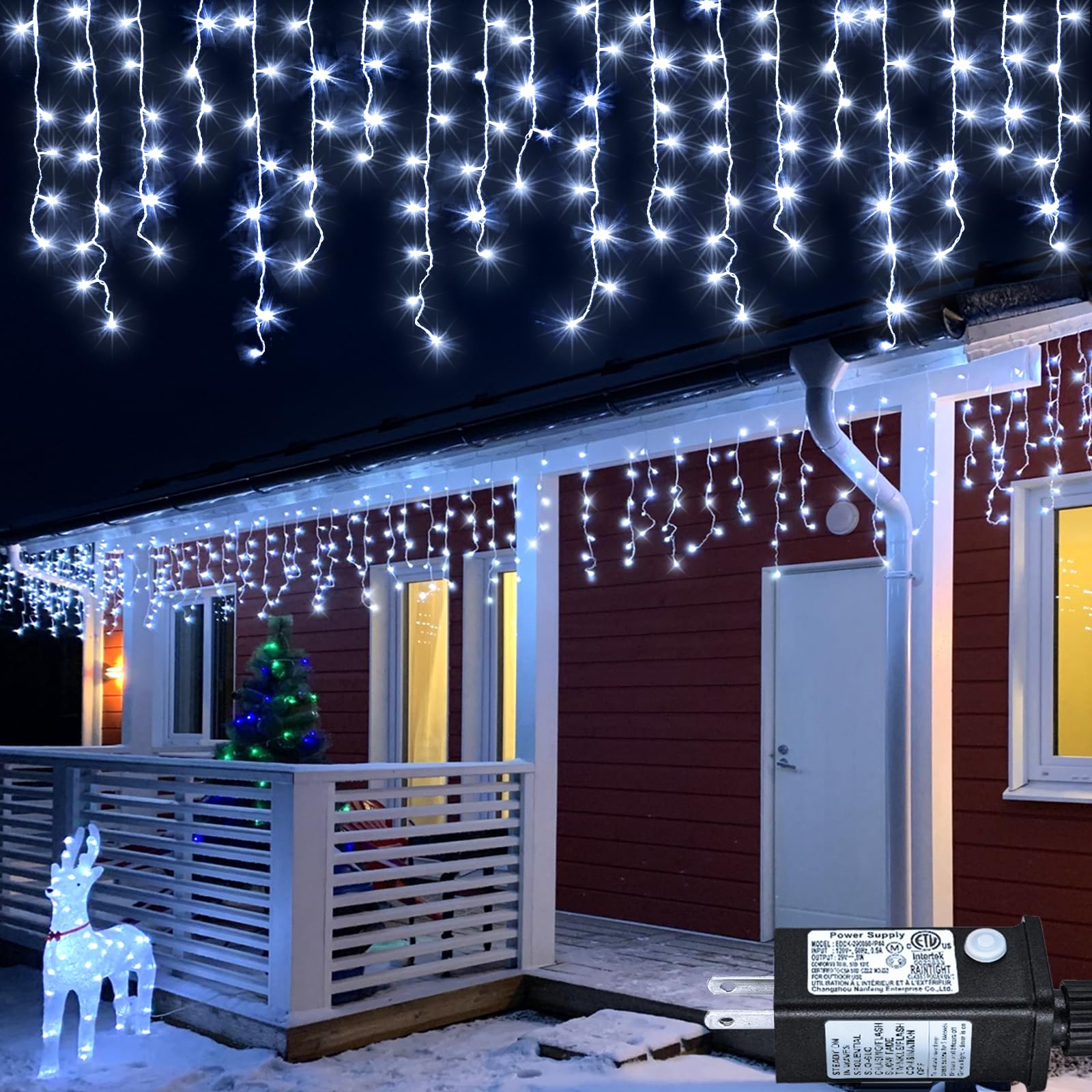 Nielfoi Outdoor Icicle Lights - 33ft, 400 LED, Cool White, Waterproof, 8 Modes, Model BG-CL3M3-306L01