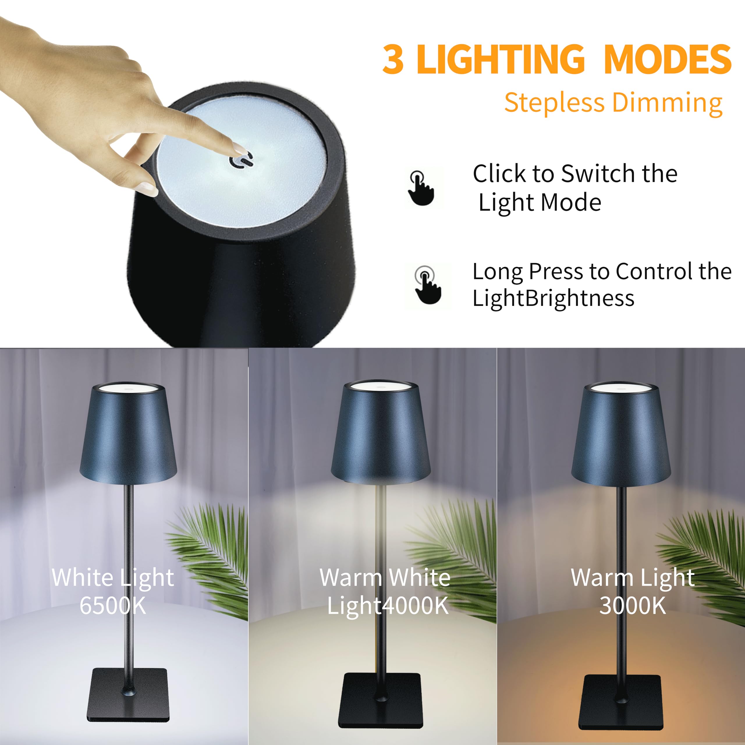 LAYSHINEEN Led Table Lamp, Cordless, 3 Colors Stepless Dimming, 5000mAh Rechargeable, Black-2, Model IA0010