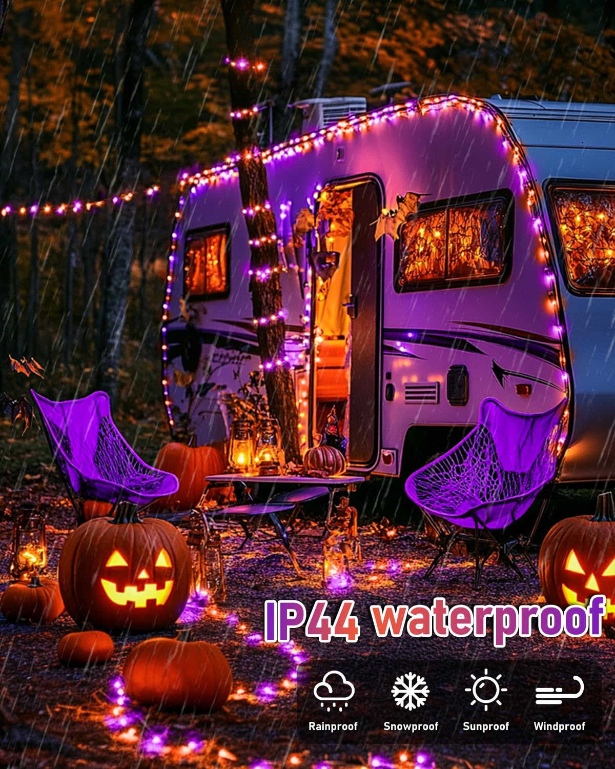 JMEXSUSS Solar Halloween String Lights, 2 Pack 33FT 100 LED, Orange to Purple, 8 Modes for Outdoor Decorations