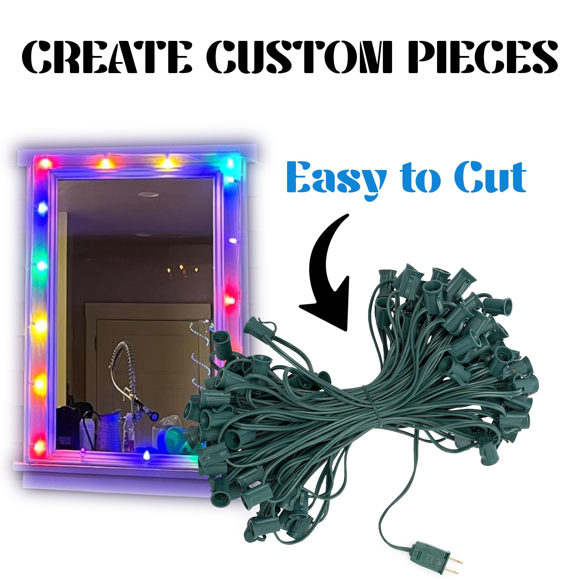 HLO Lighting C7 Light Stringer, 100 Green Cord, 12in Socket Spacing, E12, Plastic Material