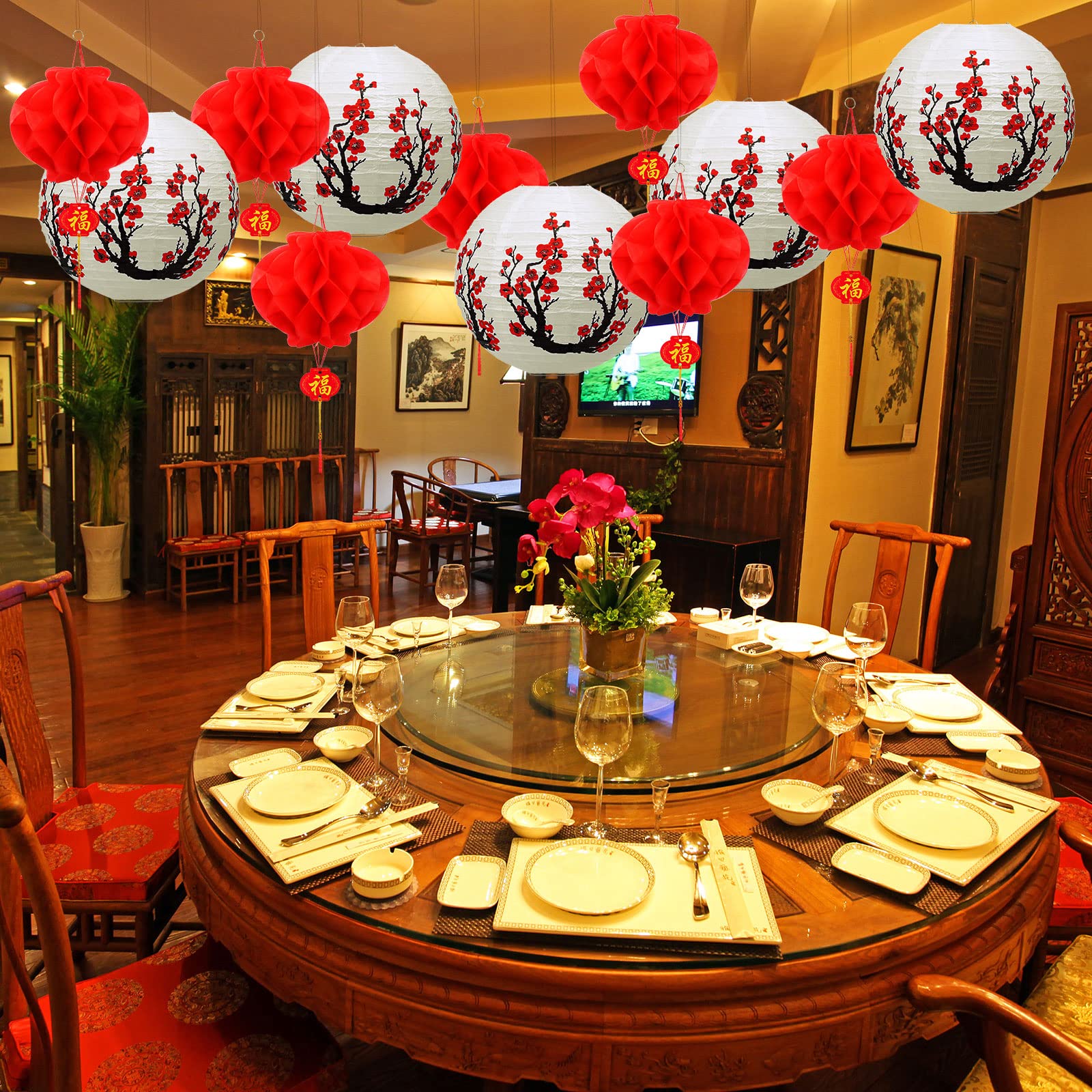 Mudder 20 Pieces Chinese Japanese Paper Lanterns Includes 12 Inch Cherry Flowers Paper Lanterns 7.5 Inch Chinese Red Lanterns Fo
