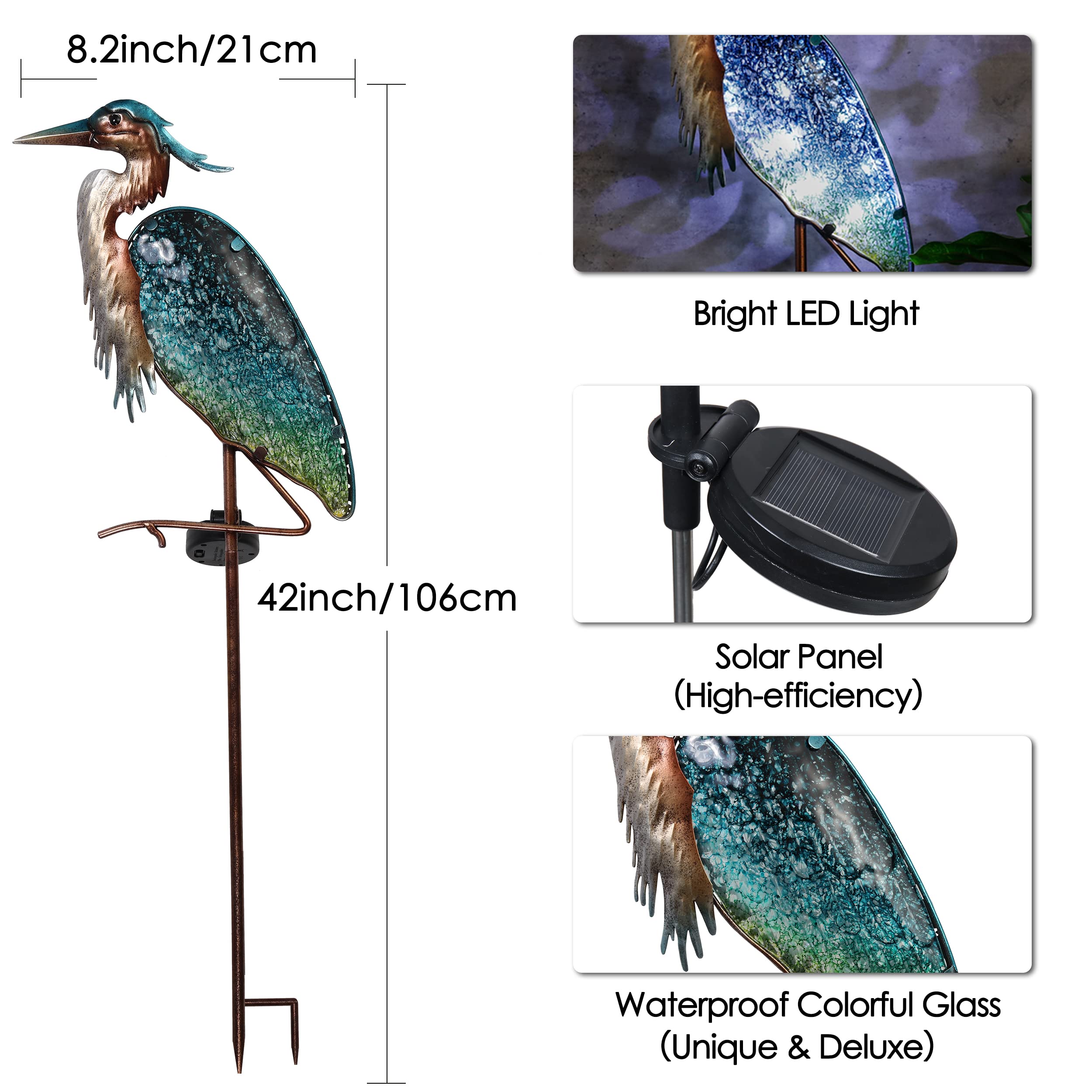 Teresa'S Collections Blue Heron Solar Lights - 42&quot; Glass Garden Decor For Outdoor Yard Art