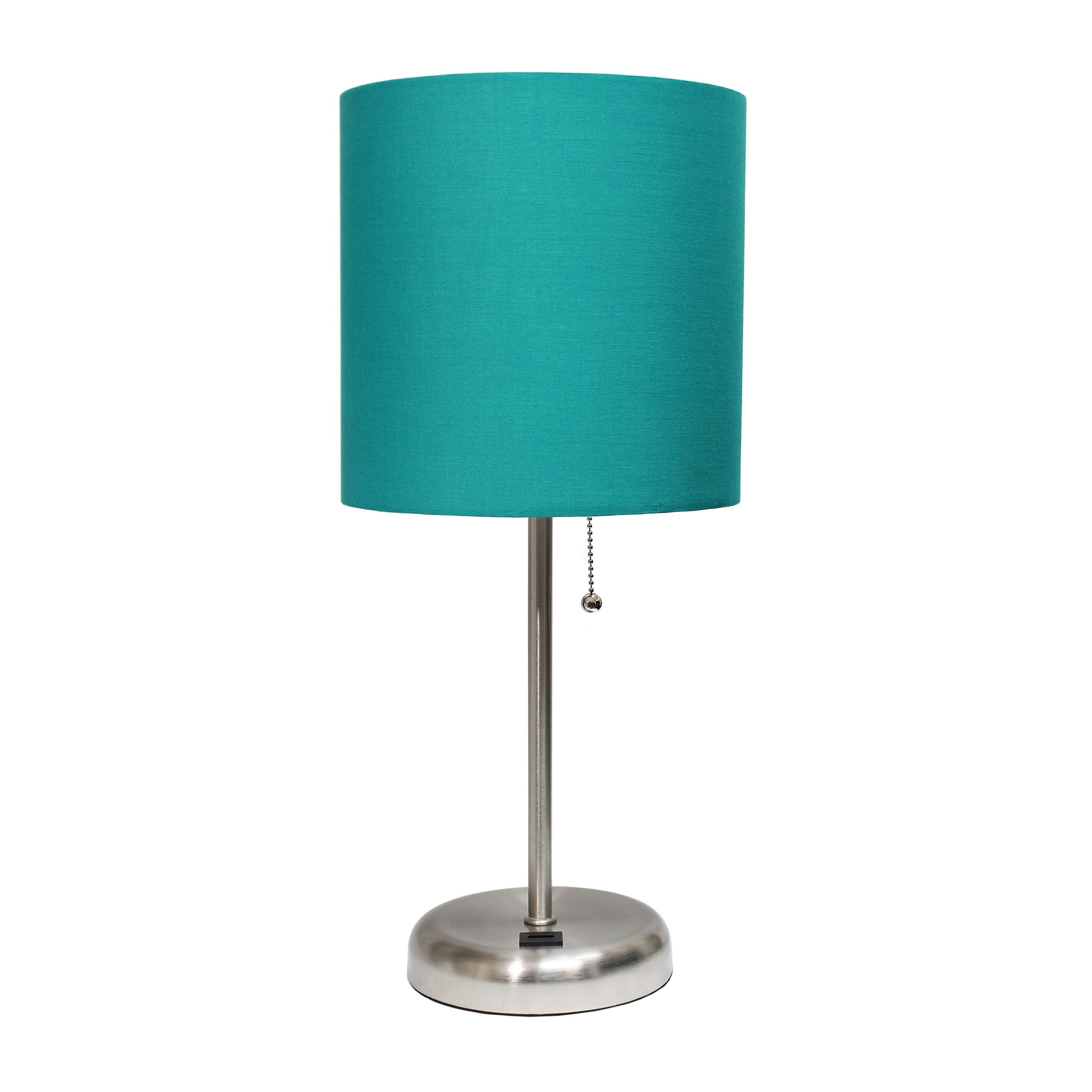 Simple Designs Lt2044-Tel Brushed Steel Stick Table Desk Lamp With Usb Charging Port And Drum Fabric Shade, Teal Shade