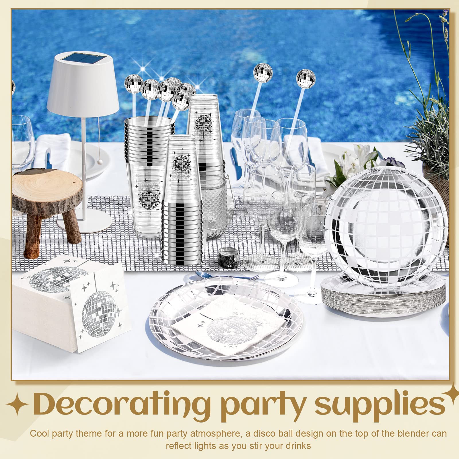 Meanplan 70s Disco Party Supplies Set, 101 Pieces, Silver Disposable Plates, Napkins, Cups, Table Runner, Cocktail Stirrers
