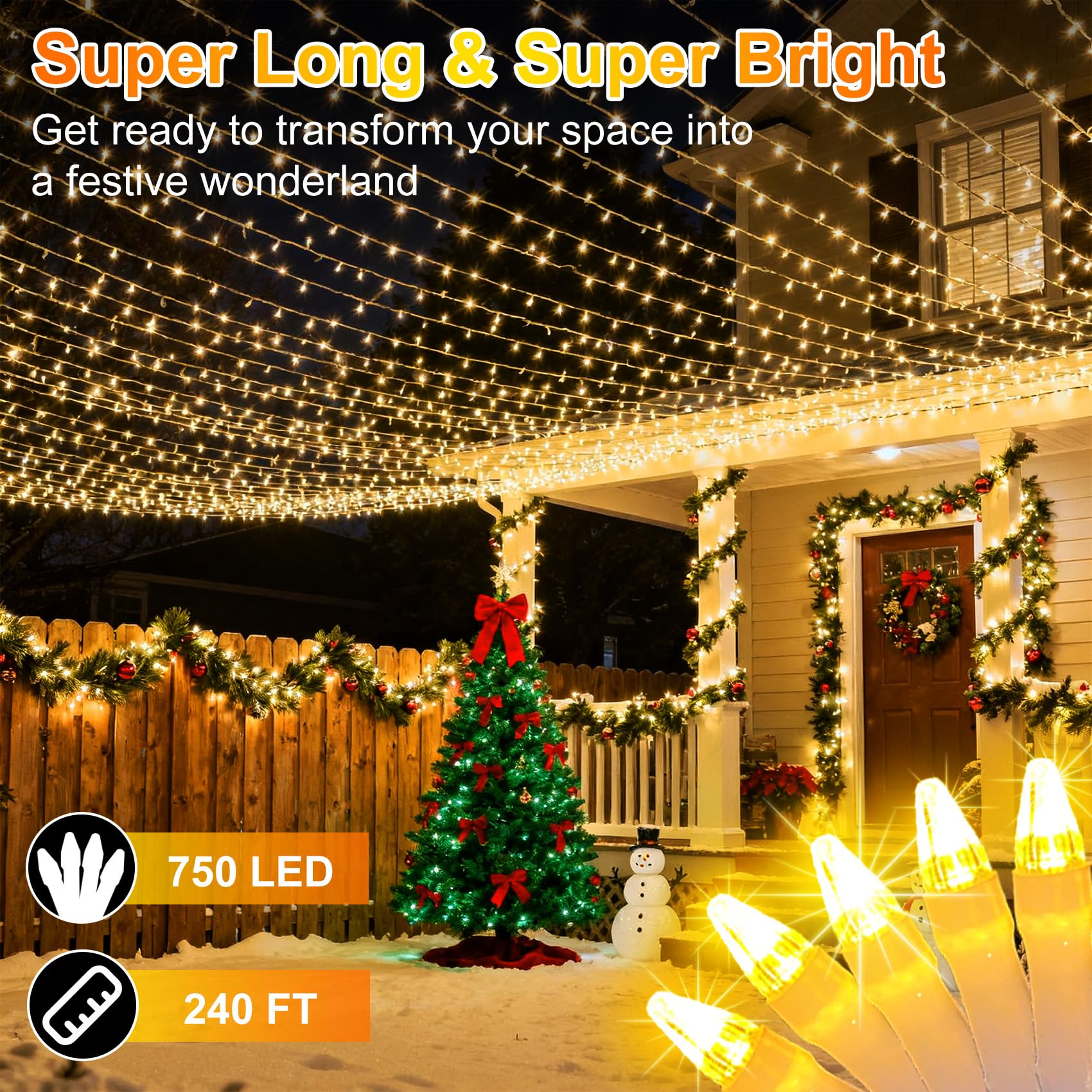 750 Led 240Ft Christmas String Lights Outdoor  12 Pro Modes And Timer Memory & Brightness  Plug In Outdoor Waterproof Clear Wire Twinkle Light For For Xmas Yard Tree Wedding Party Decor (Warm White)