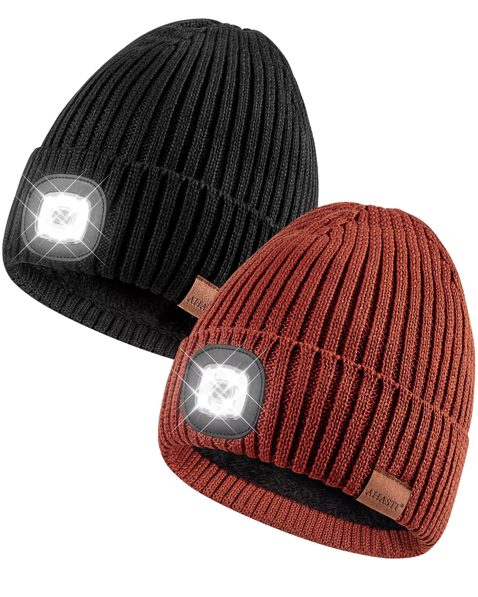 Beanie With Light For Men 2 Pack  Hat With Light Built In Rechargeable Winter Warm Knitted Headlamp Caps  Gift For Men Dads Husband Led Beanie Hats With Light(Black&Dark Orange)