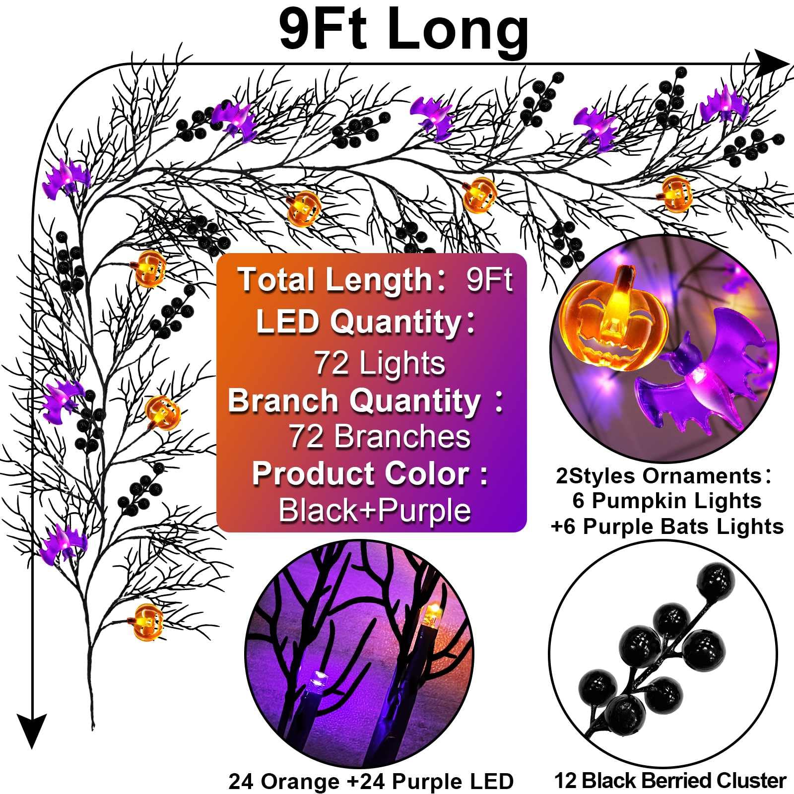 TURNMEON Remote Control Extra Long 9 Ft 72 LED Orange Purple Lights Halloween Willow Twig Decor Halloween Garland Timer 8 Modes