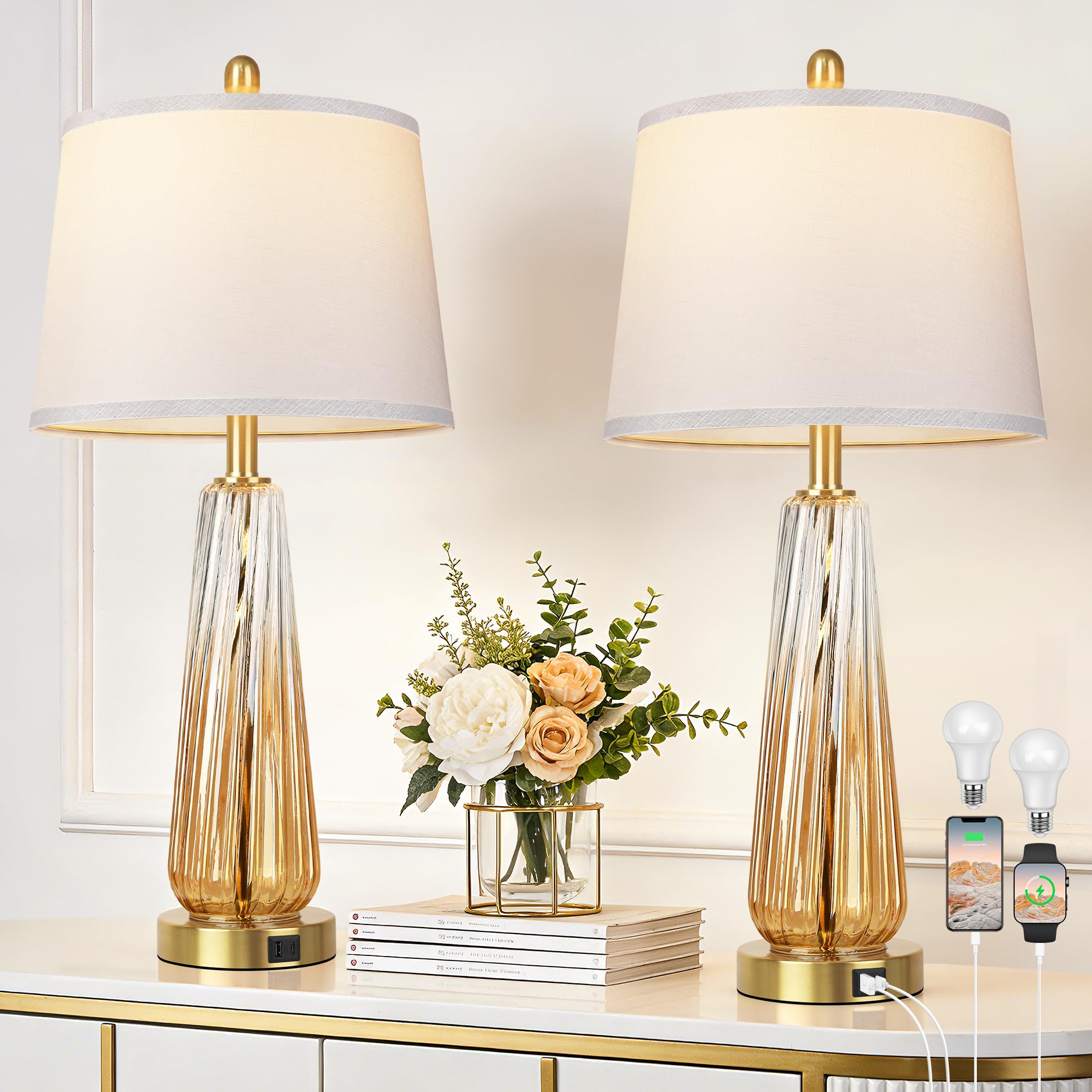 Glass Table Lamps Set of 2  Modern Bedside Lamps for Bedrooms with 3-Way Dimmable Touch Control Nightstand Lamp with White Lampshade USB A+C Ports  27.5 Large Lamps for Living Room Decor  Sparkling Beverage