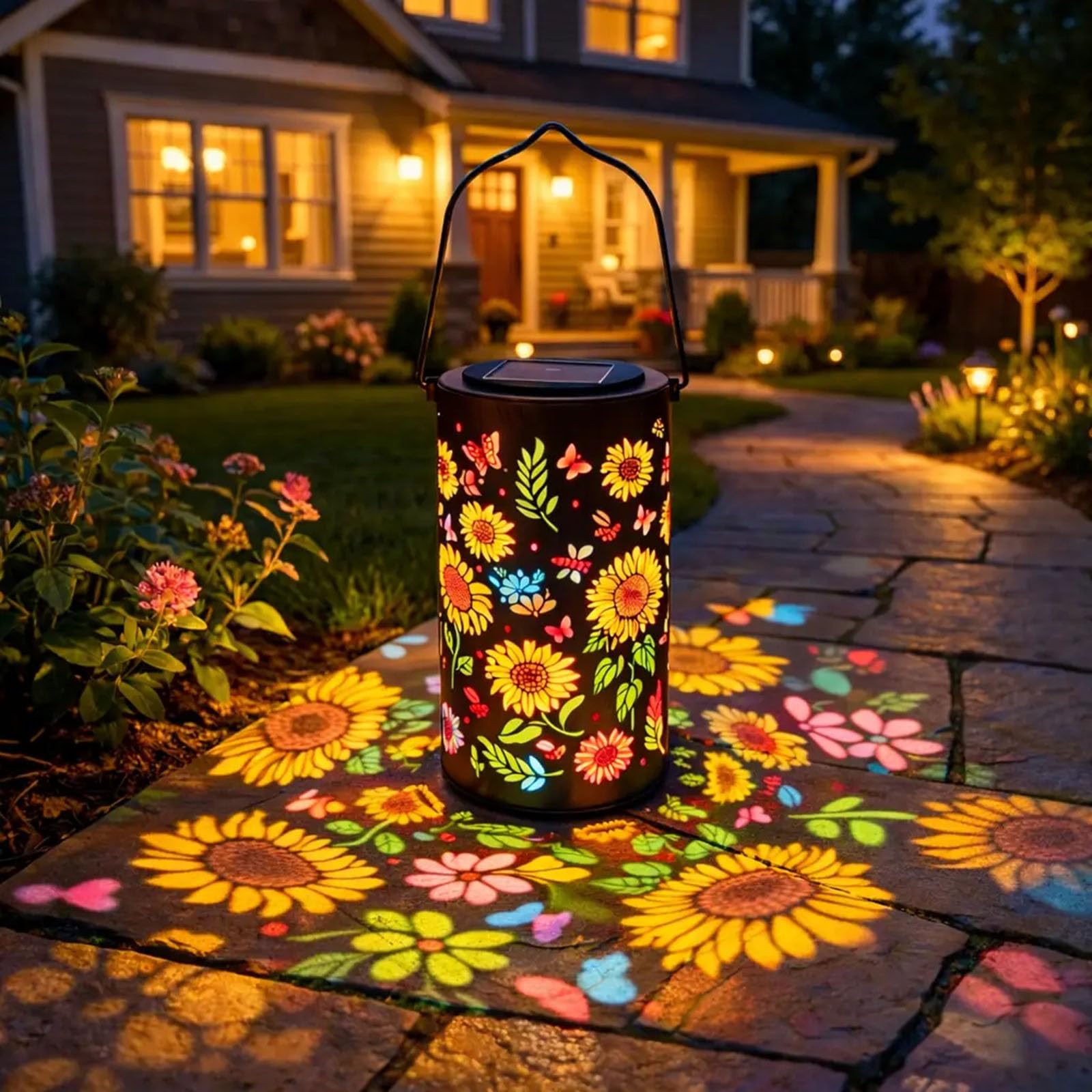 Colorful Sunflower Glow Solar Garden Lantern, Solar Hanging Lantern with Colorful Projection, Waterproof Metal Solar Light for P