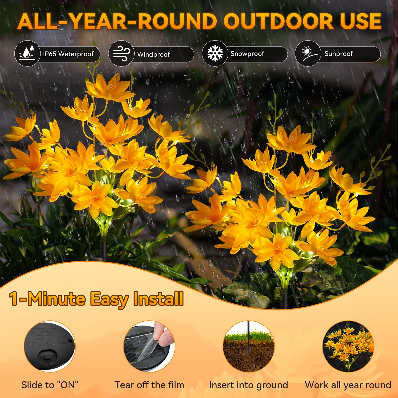 Neporal Solar Flowers 5-Head Snow Lotus, 20+ Warm LED Lights, Waterproof IP65, 4 Packs, Yellow