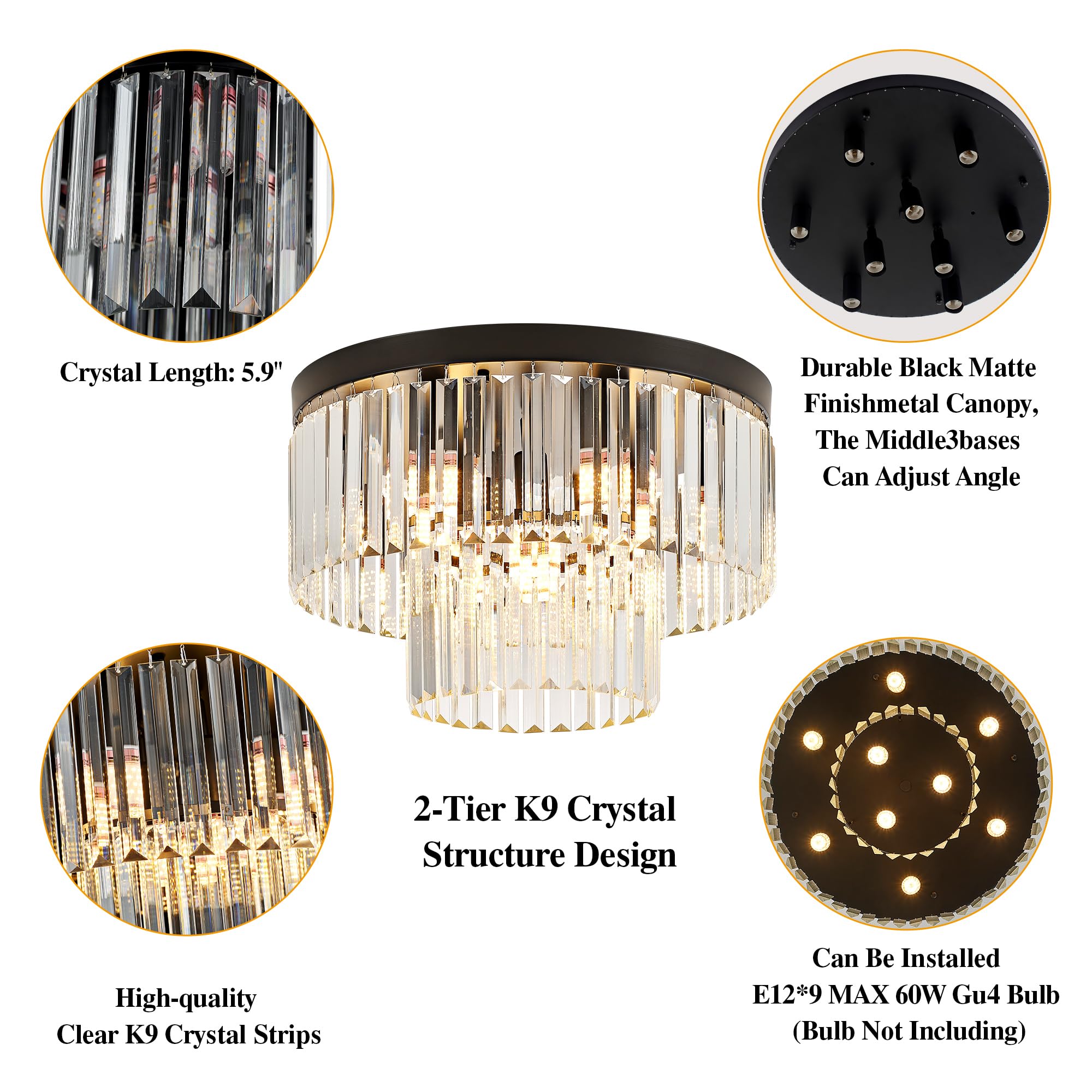 Faibra 17'' Black Crystal Ceiling Light 9-Light Modern Crystal Light Fixture 2-Tier Luxury K9 Crystal Ceiling Light,For Dining R
