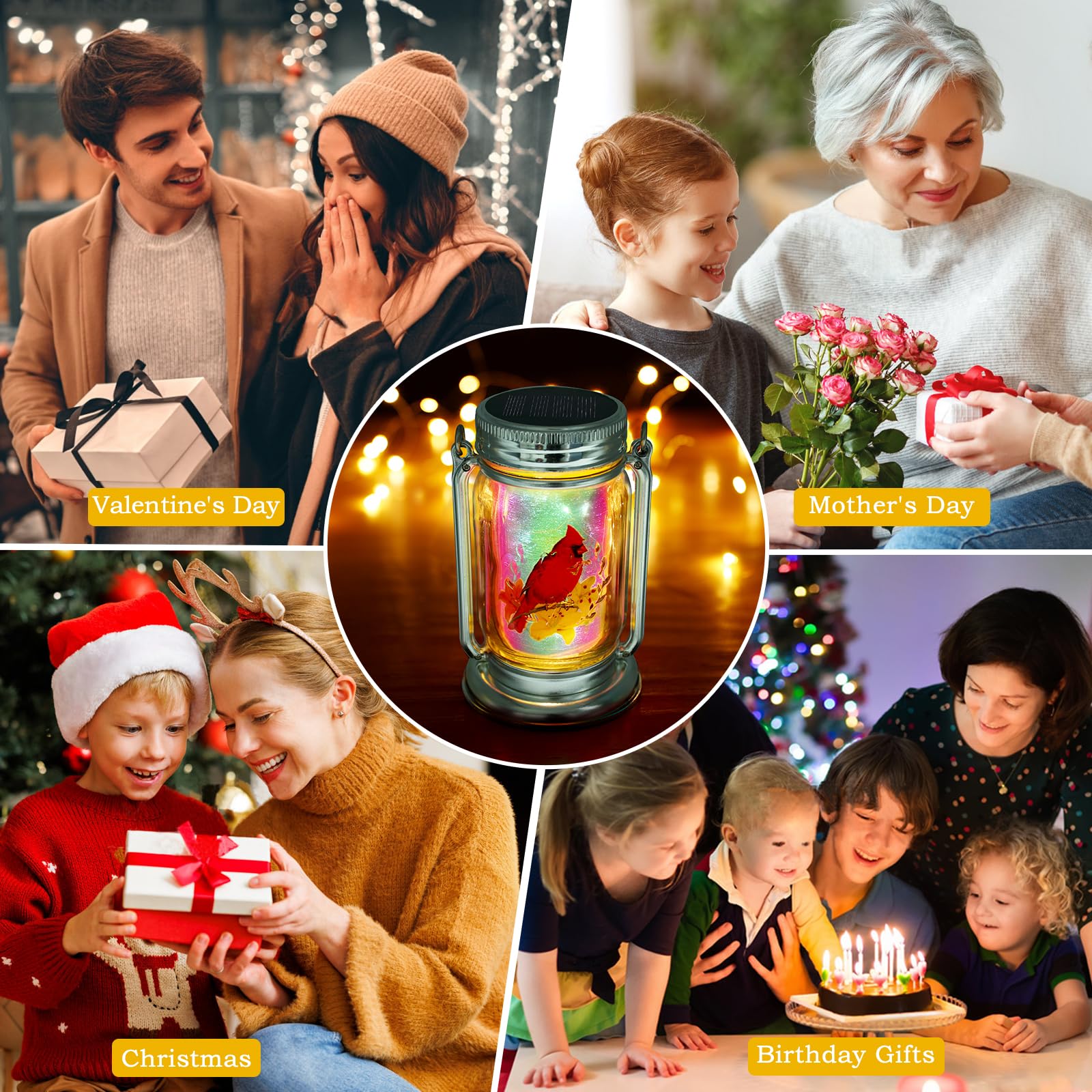 Vcdsoy Outdoor Solar Cardinal Lantern-2 Pack Garden Hanging Red Bird Lanterns, Gifts For Mom Women Grandma,Silver Glass Mason Ja