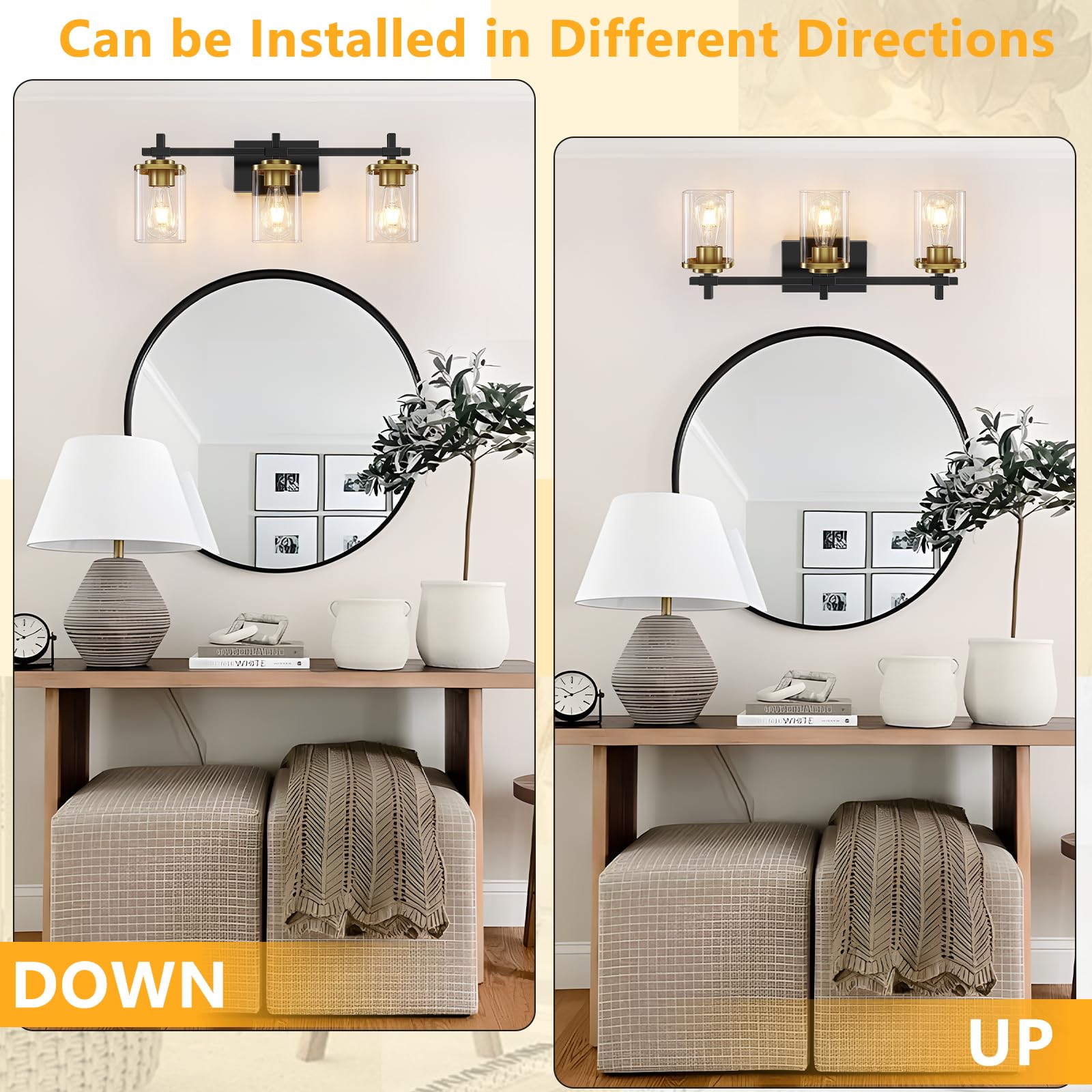 Spiglamm 3-Lights Black And Gold Bathroom Light Fixtures Over Mirror, Modern Brushed Gold Vanity Lights For Bathroom, Sconces Wa