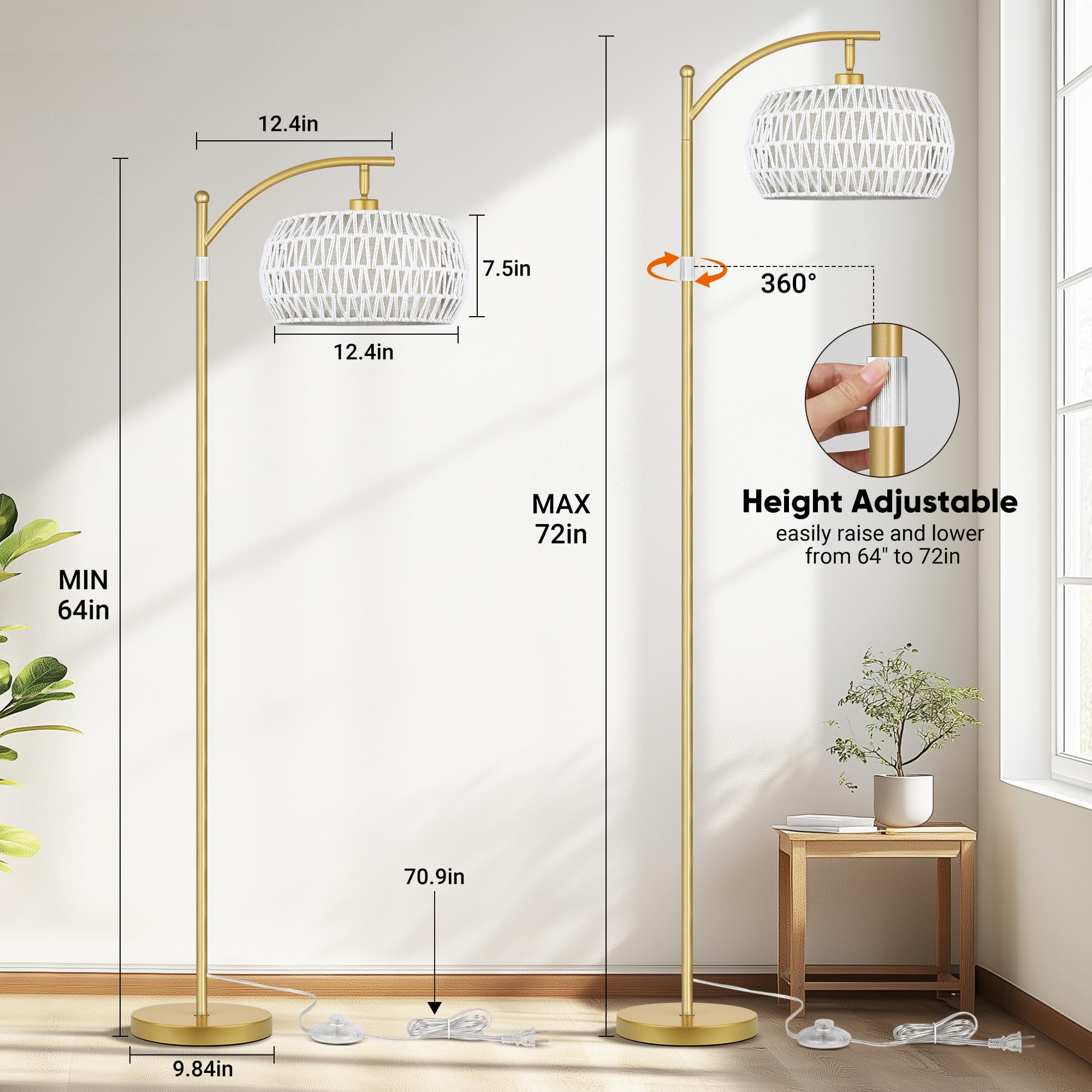 Rottogoon Boho Floor Lamp With Dimmable Bulb, White Rattan &Linen Double Shades, Boho Standing Tall Lamps With Foot Switch, Gold