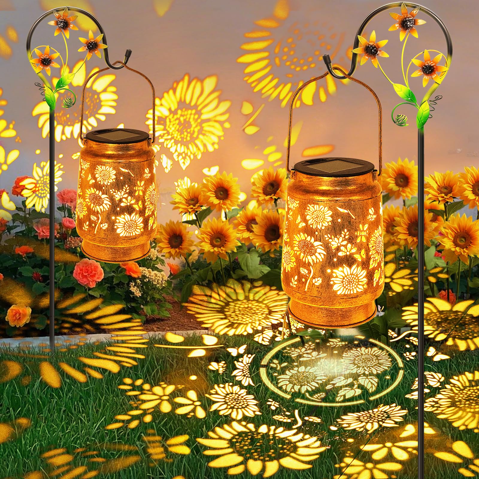 2 Pack Sunflower Solar Lanterns Garden Decor  Birthday Gifts For Women Mom Grandma Christmas  Metal Hanging Solar Lights Outdoor Waterproof Led Decoration With Shepherd Hook Outside For Yard Patio