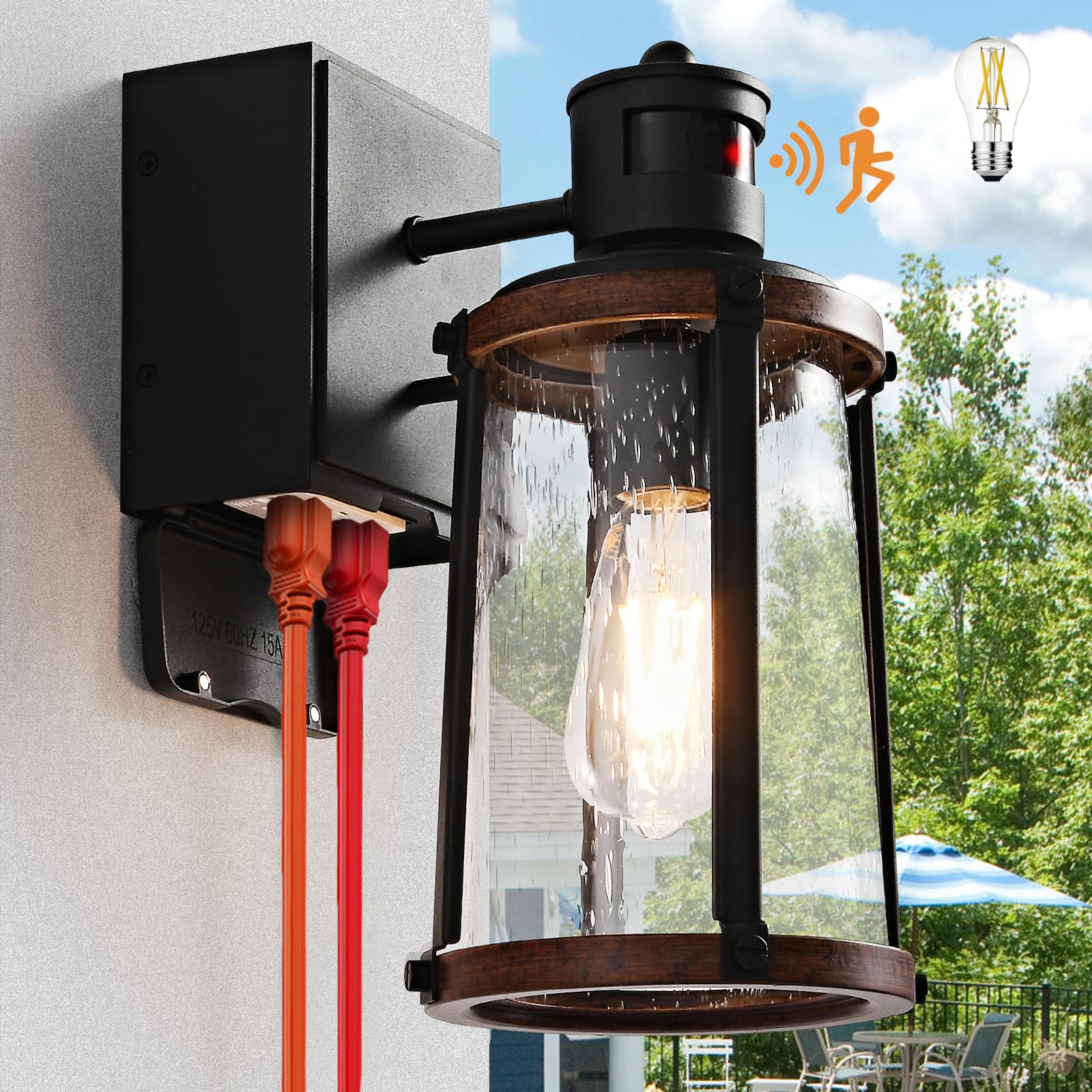 JOKAONOTL Dusk to Dawn Motion Sensor Outdoor Lighting Waterproof Outside Porch Lights with GFCI Outlets Exterior Lighting Fixtur