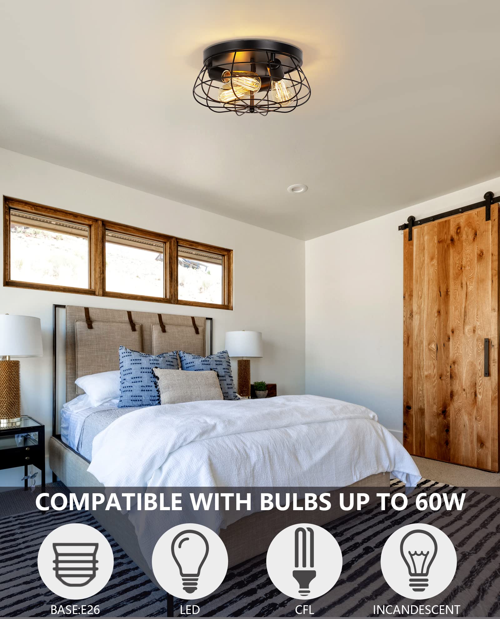 Foucasal Farmhouse Flush Mount Ceiling Light Black Ceiling Light Fixtures 3-Light Industrial Flush Mount Ceiling Light Metal Cag