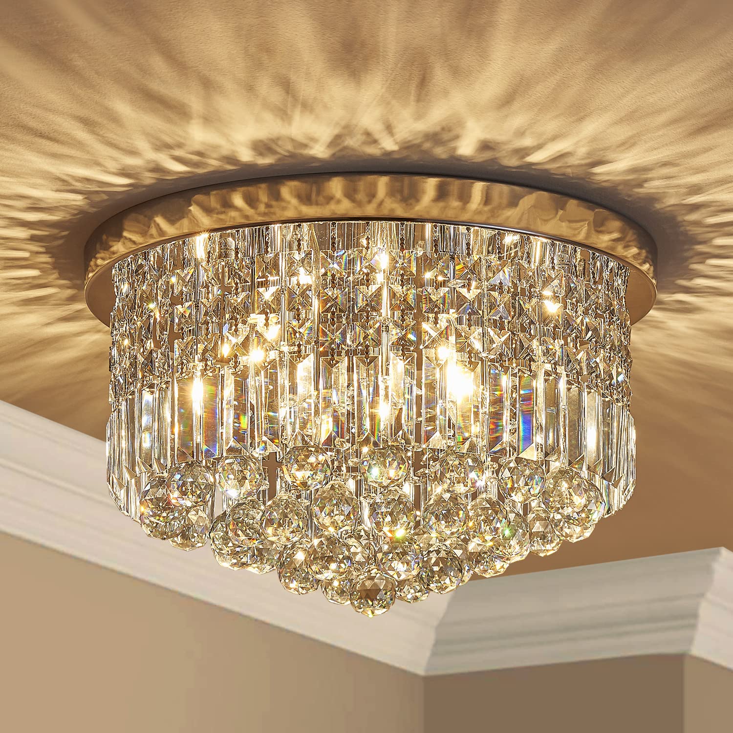 SM Saint Mossi 9-Light Modern K9 Crystal Chandelier, Flush Mount, H 11" x D 20", Light Blue Crystal & Chrome Finish, Model SM-DY-22017-