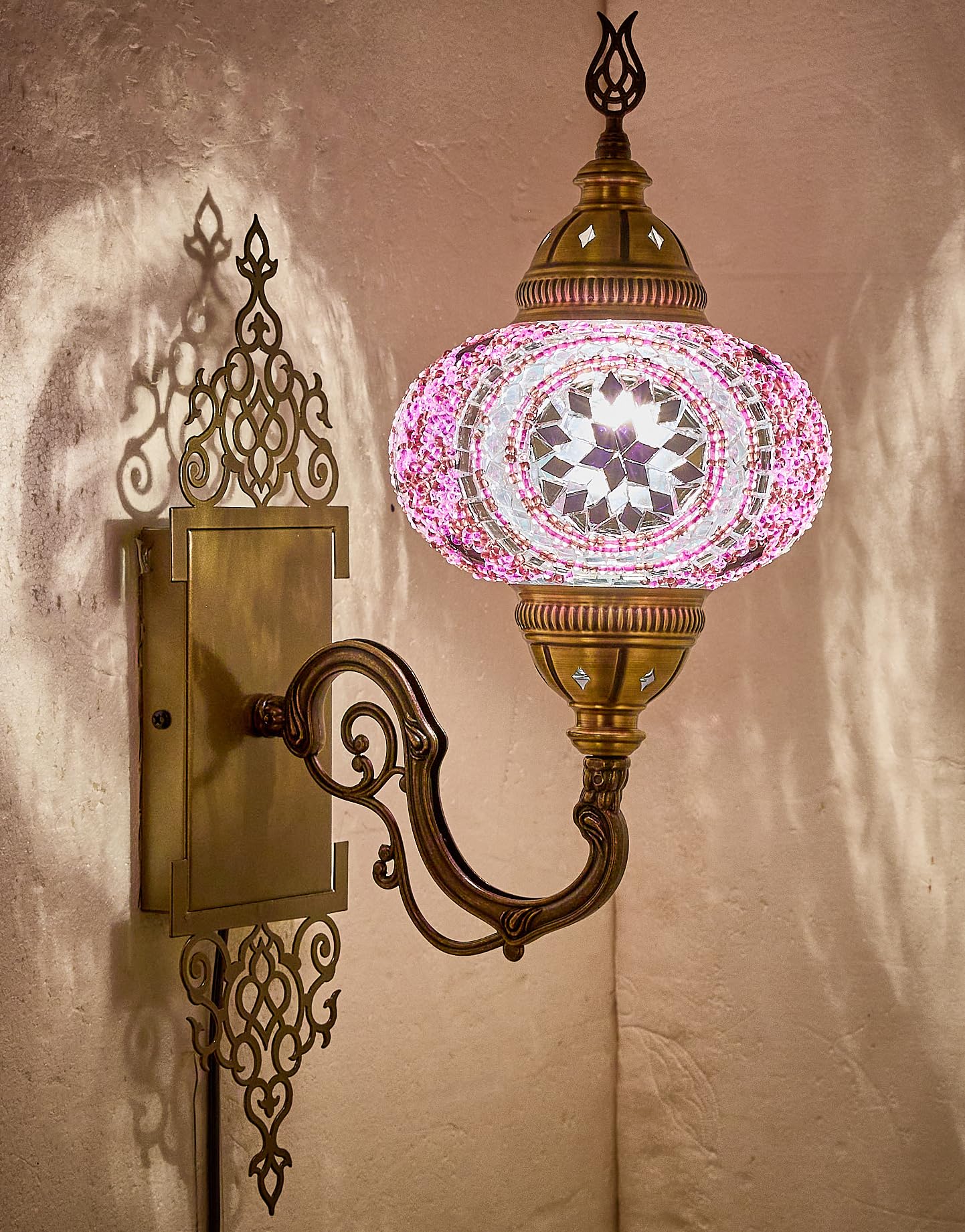 Demmex Turkish Moroccan Tiffany Style Mosaic Wall Sconce Lamp Light, Big Size Globe, Decorated Brass Body, Handmade, 15X5 Inches