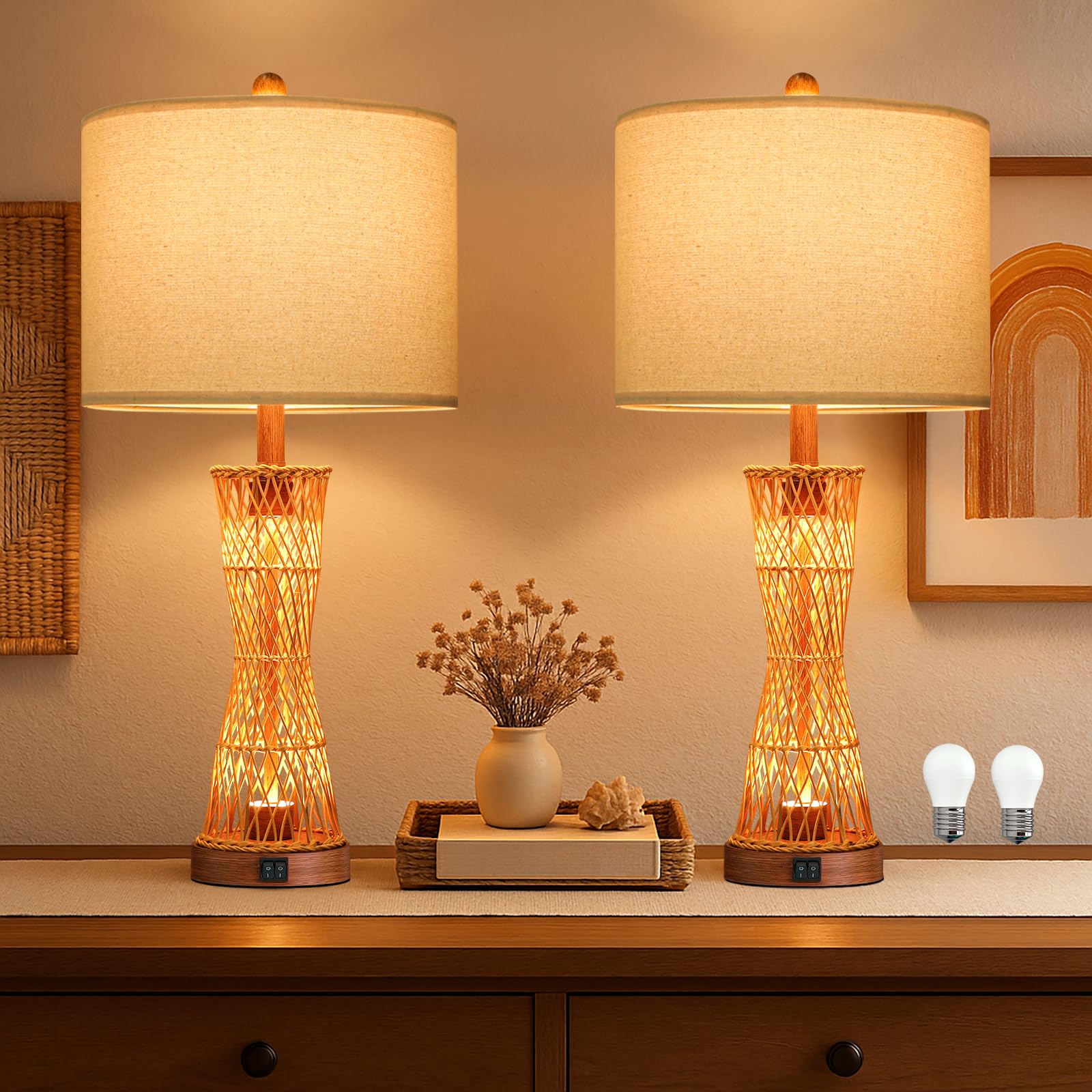OYEARS 27 Table Lamps Set of 2 with Rattan & Dual Lights  Boho Lamps for Nightstands  Bedside Lamps for Bedroom  Nightstand Lamp for Living Room  Farmhouse Table Lamp for Office & Study