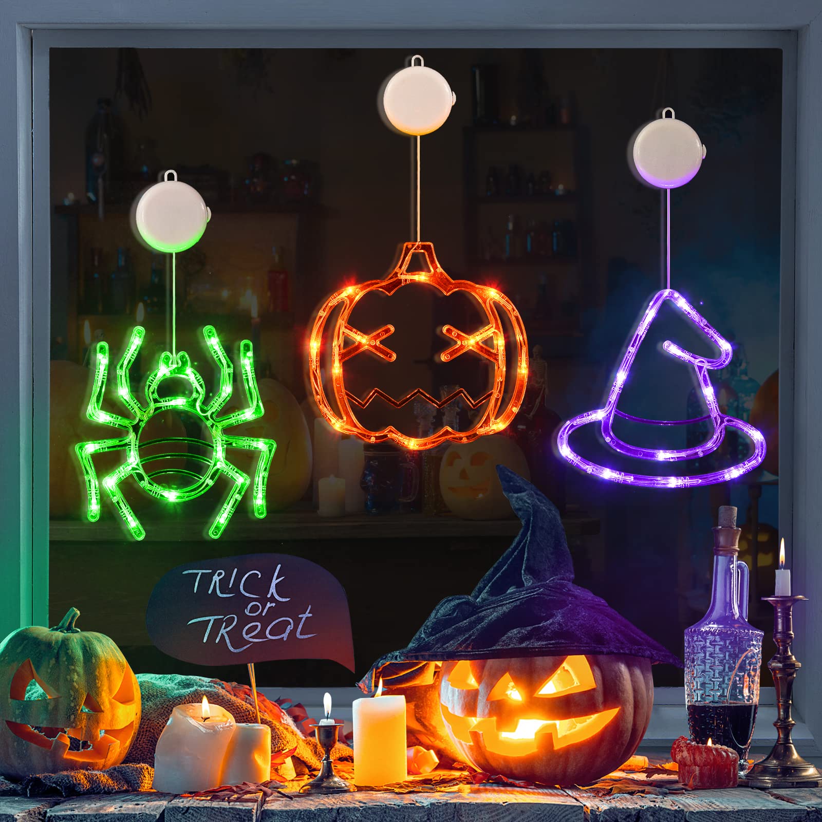 LOLStar Halloween Lights - 3 Pack, Battery Operated, Slow Fade Mode, Orange Pumpkin, Green Spider, Purple Witch Hat