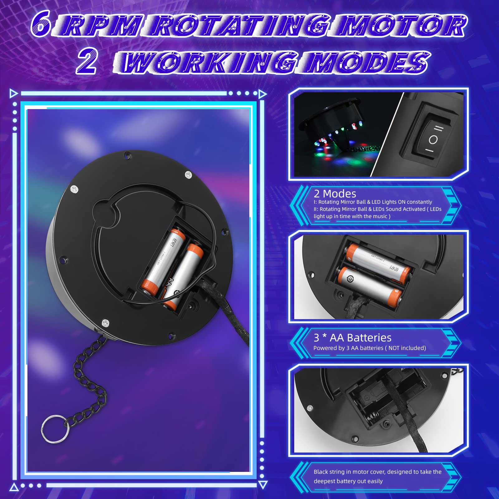 Meagoo Disco Ball With Motor And Light, 8'' Hanging Mirror Ball And 6Rpm Batteries Powered Rotating Motor With 4 Light Colors An