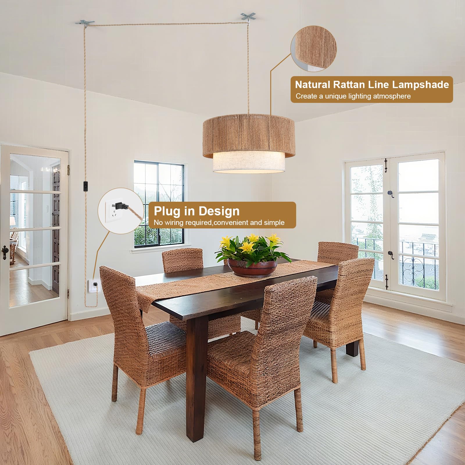 Kirahee Plug in Pendant Light, 18in Rattan Chandelier with Fabric Shade, E26 On/Off Switch, 3-light for Dining Room, Living Room, Kitchen