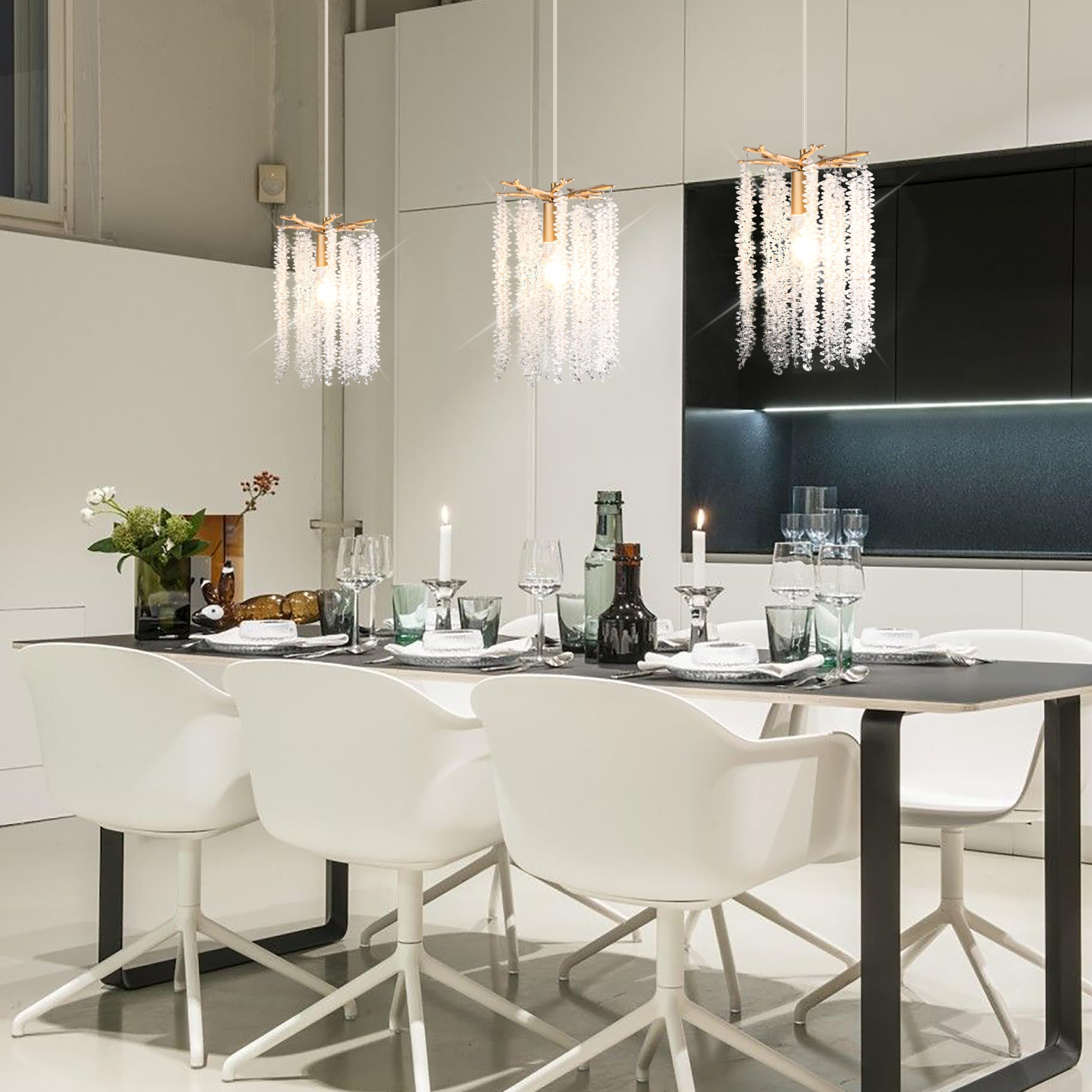 MO&OK Crystal Chandelier Pendant Light, Gold, 15Ft Cord, Model 17012, Modern Antler Design for Kitchen, Bedroom, Hallway