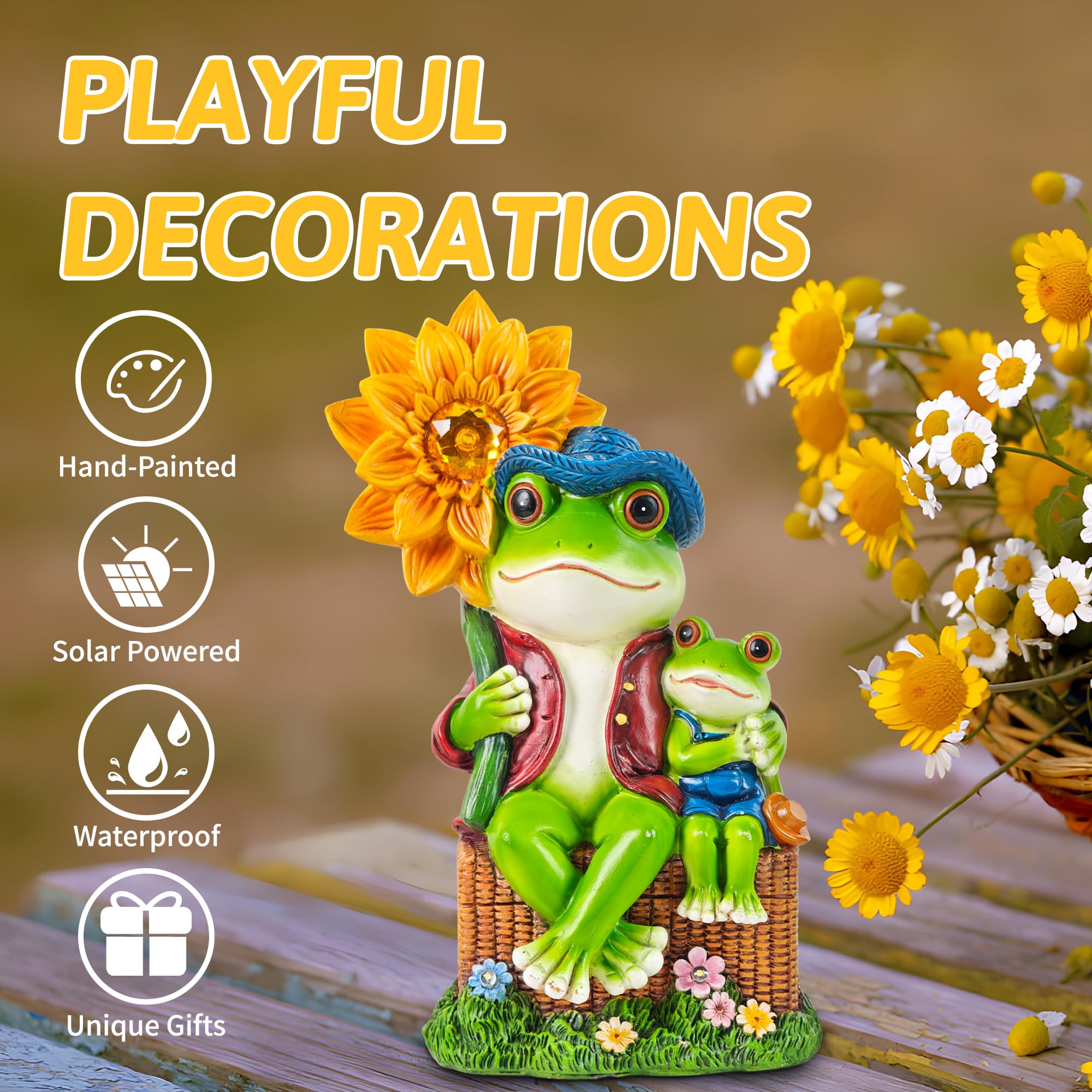 CFFOWNUG Outdoor Frog Garden Decor, 9in  Resin Yard Decoration, Funny Solar Frog with Sunflower Light, Model CF-FLOG001, Frog Color