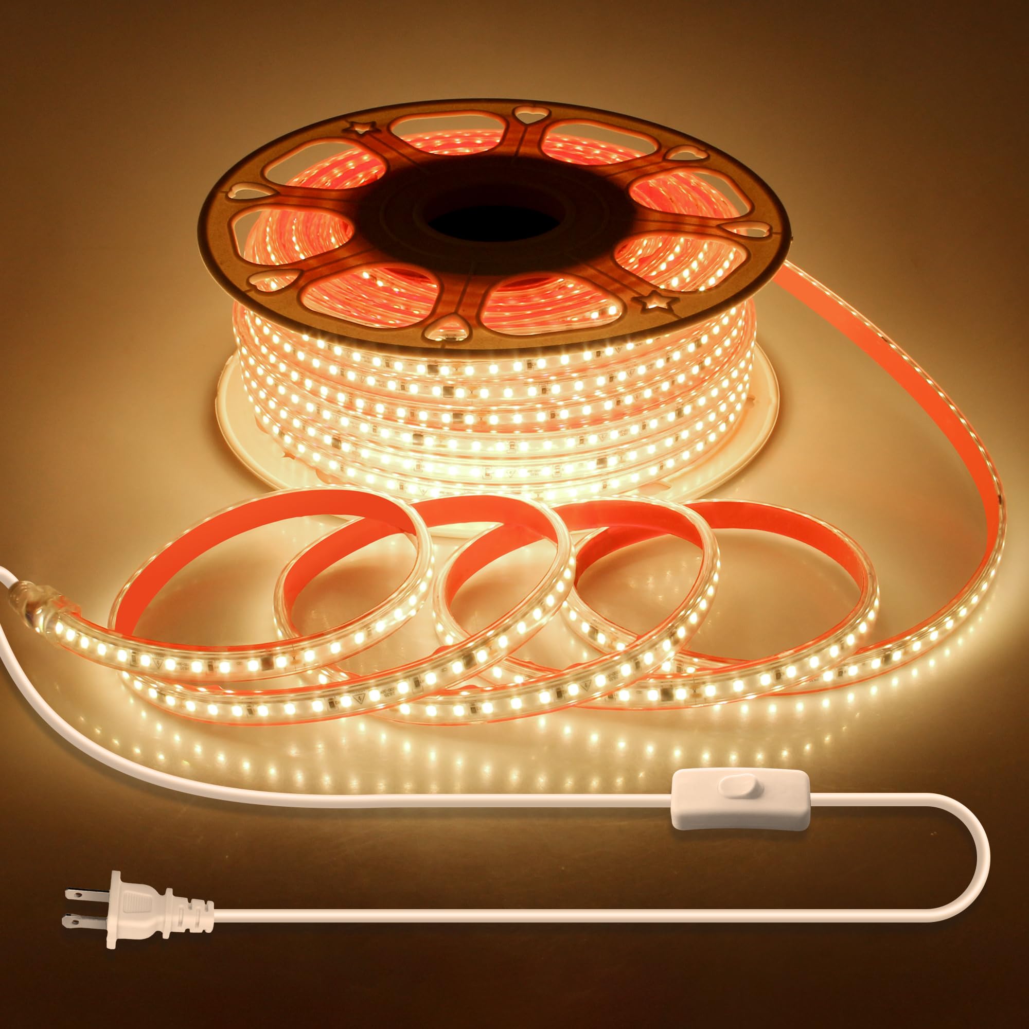 Samsion Outdoor LED Band Lights Waterproof 100FT Self-Adhesive Warm White AC 110V-120V LED Rope Light with Switch Plug in SMD 2835 120LED/M Ultra Bright for Christmas Home Indoor Outdoor Decor IP67