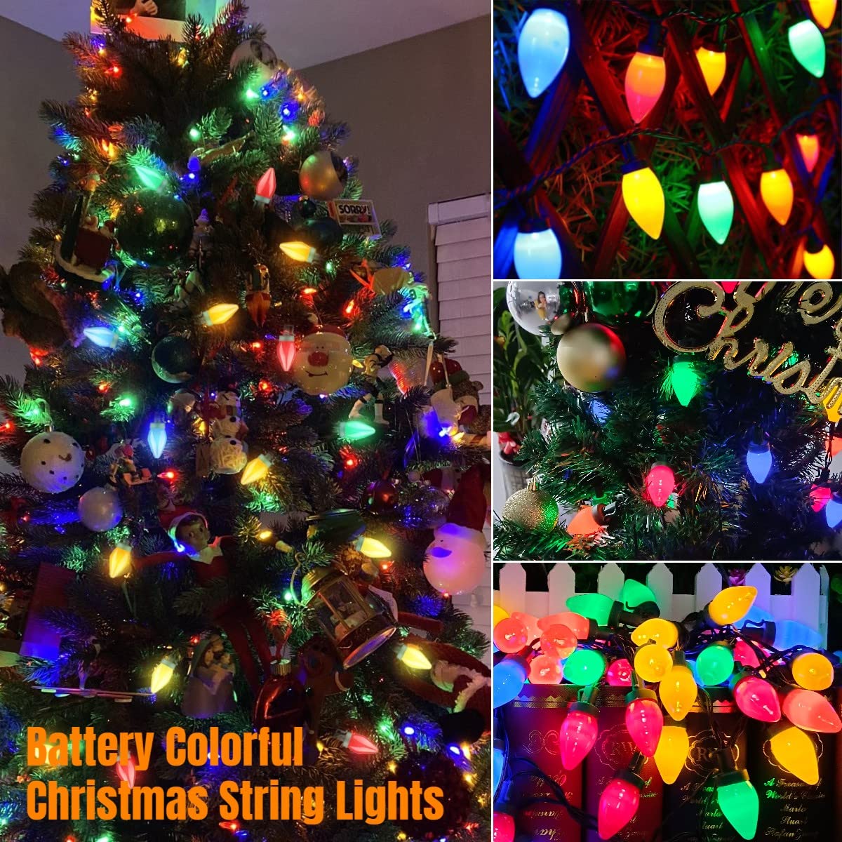 50 Led C7 Christmas Lights,24Ft C7 Christmas Lights Battery Operated C7 Christmas String Lights Remote Timer 8 Lighting Modes For Indoor Outdoor Xmas Tree Garden Patio Party Christmas Decorations