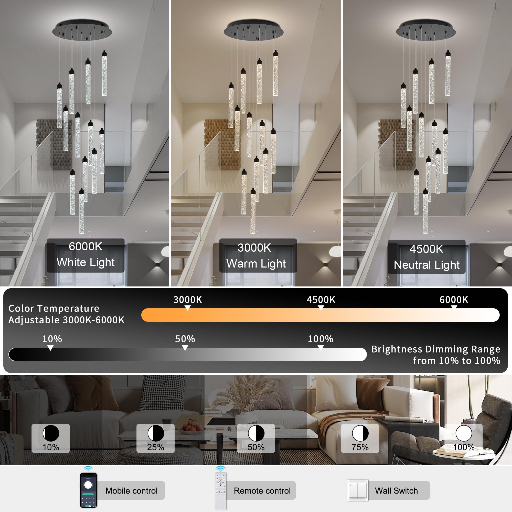 YwueChwu 12-Lights High Ceiling Crystal Staircase Chandelier Black, Modern Spiral Raindrop Dimmable LED Bubble Cluster Ceiling H