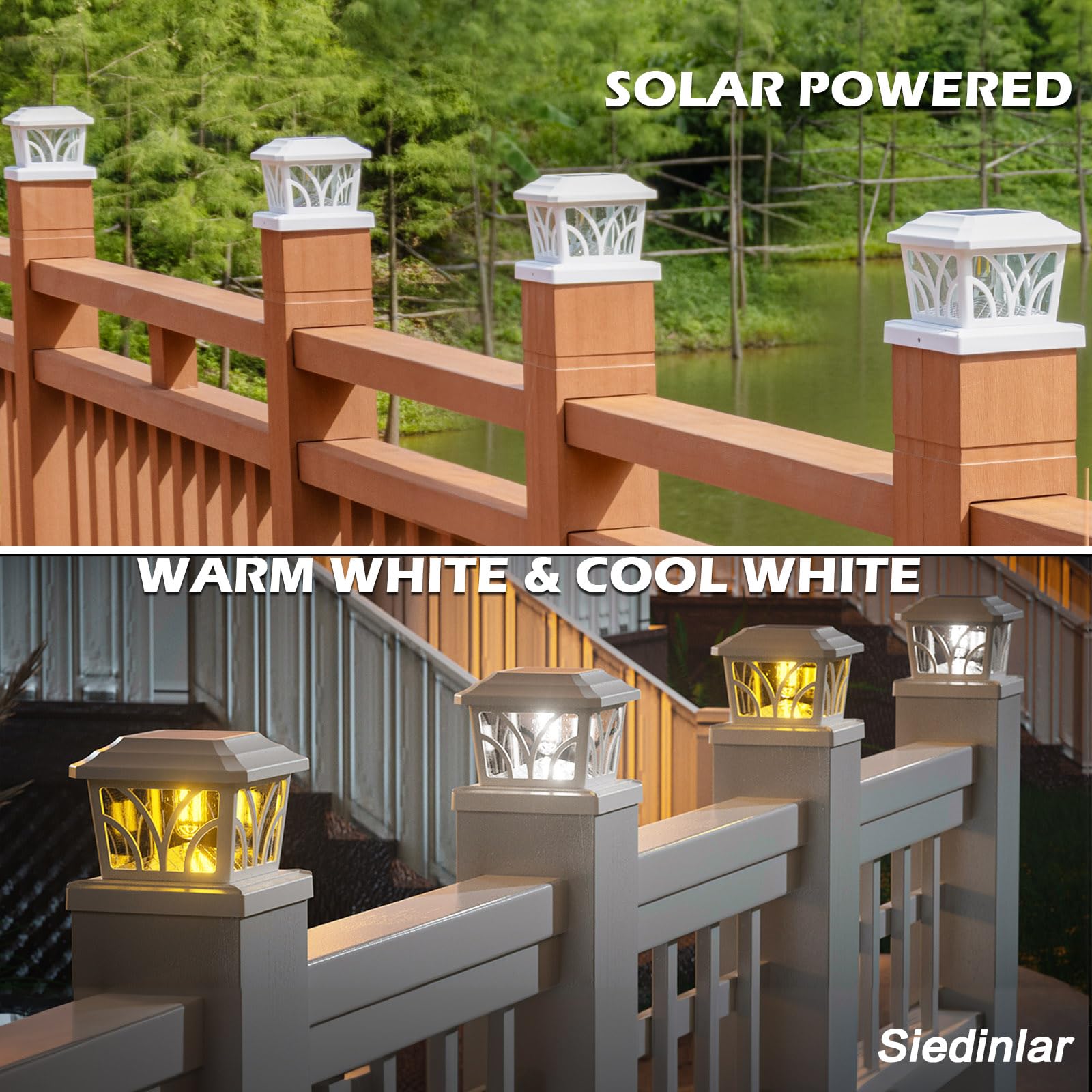SIEDiNLAR Solar Post Cap Lights, Aluminum & Glass, 2 Modes, 6 Pack, Warm White/Cool White, for 4x4 5x5 6x6