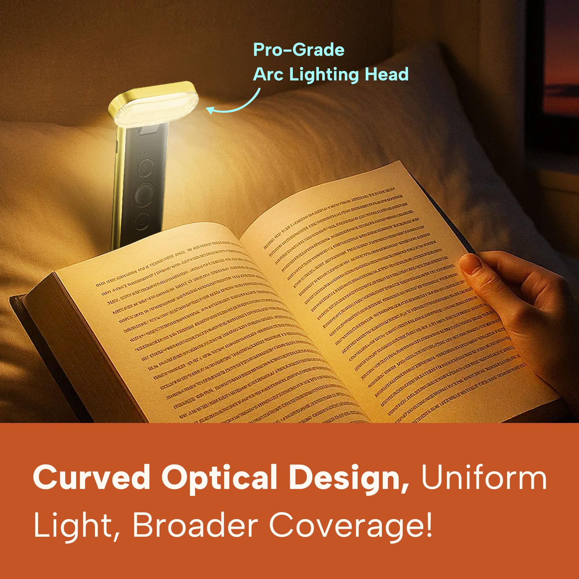 86lux LED Book Light, USB Rechargeable, 3 Colors & Dimming, Bookmark Light, Model OK25, Yellow