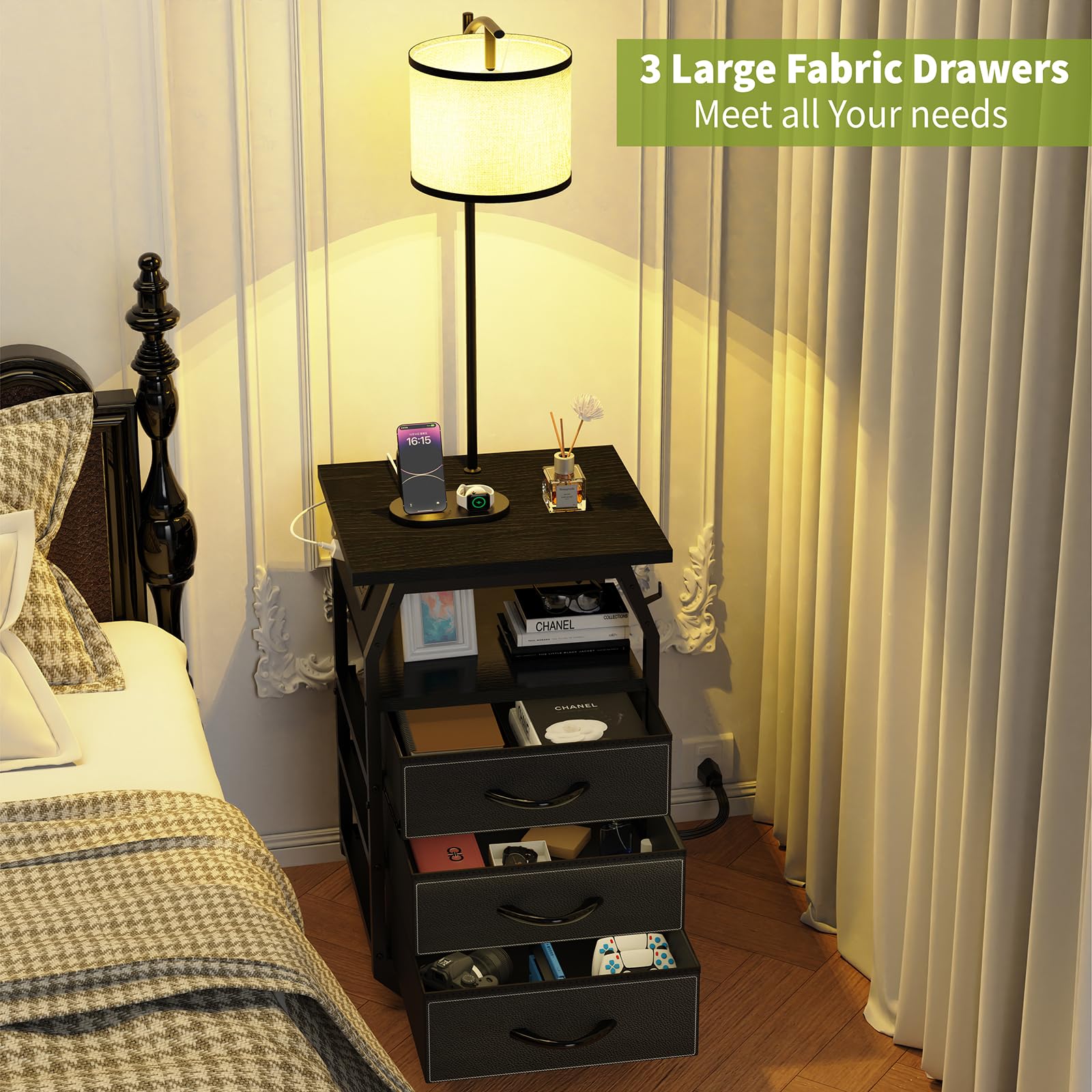 runjuly Floor Lamp & End Table Set of 2, 3-Color Temp Bulb, Black, Model AH0054, with 3 Drawers & Charging for Bedroom, Dorm