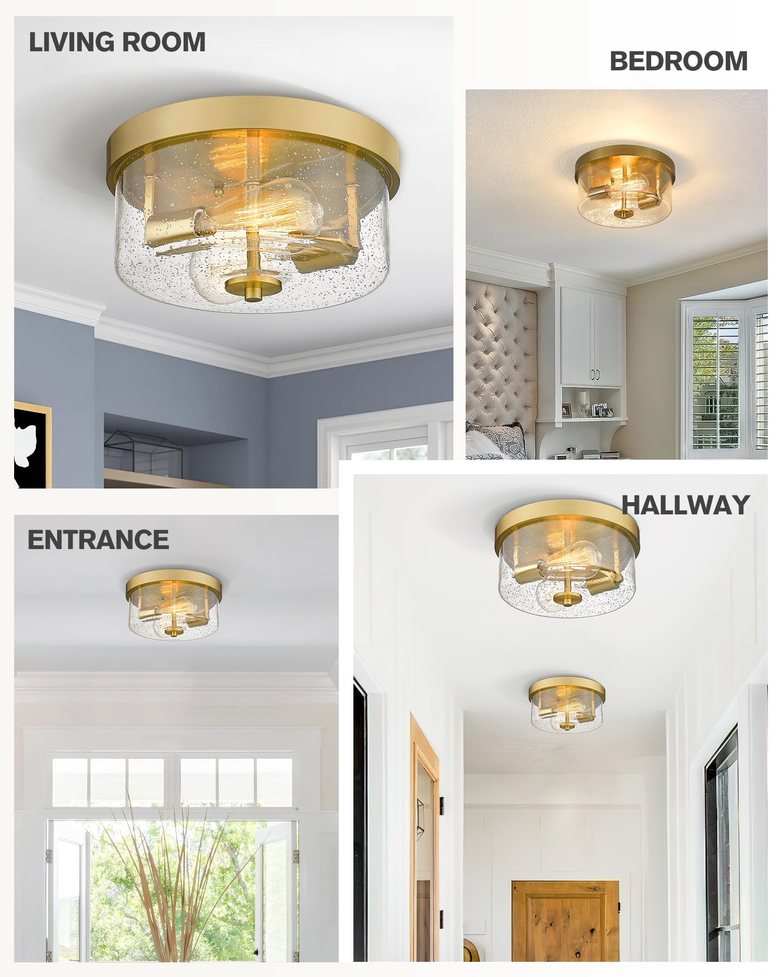 Emak Brushed Gold Flush Mount Ceiling Light, 2 Light Fixture With Seeded Glass Shades, 11&quot;