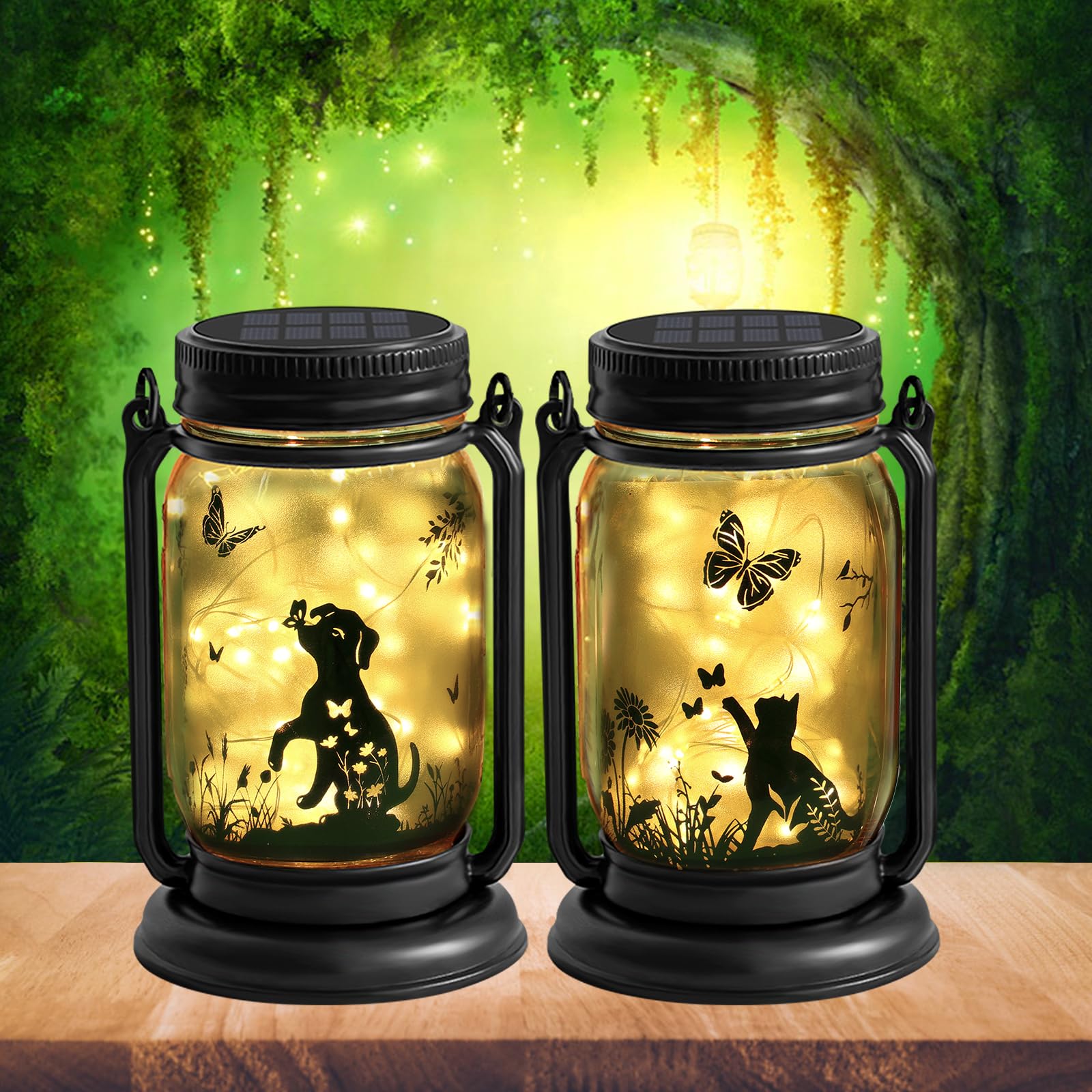 2 Pack Outdoor Hanging Solar Lantern, Cat & Dog Butterfly Theme Vintage Glass Mason Jar Solar Fairy Lights, Gifts For Mom, Grand