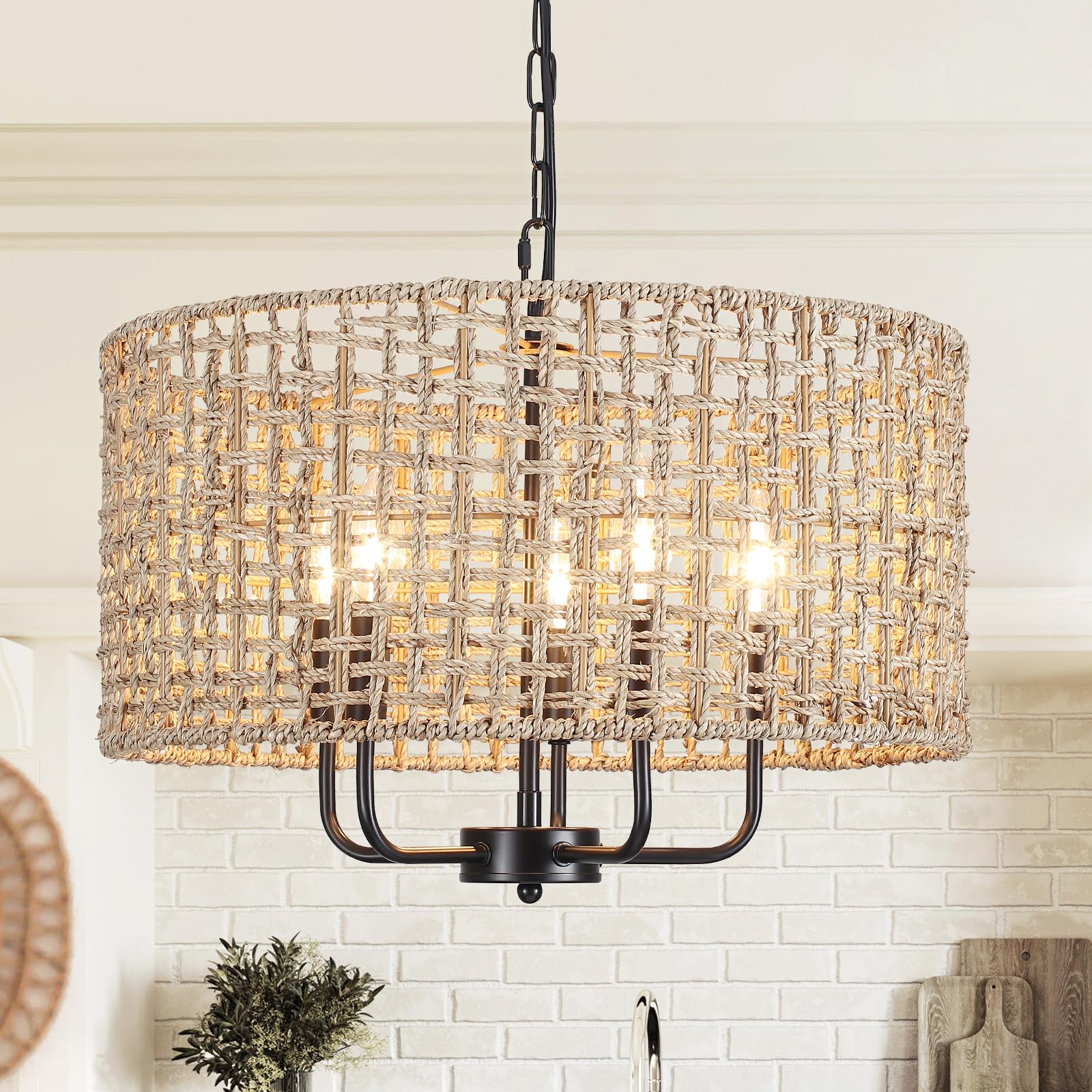 Mrhyswd 18.9 Hand-Woven Rattan Chandelier 5 Lights Farmhouse Boho Chandeliers For Dining Room Light Fixture Drum Wicker Hanging Pendant Lighting For Living Room Kitchen Island Foyer Hallway  E12