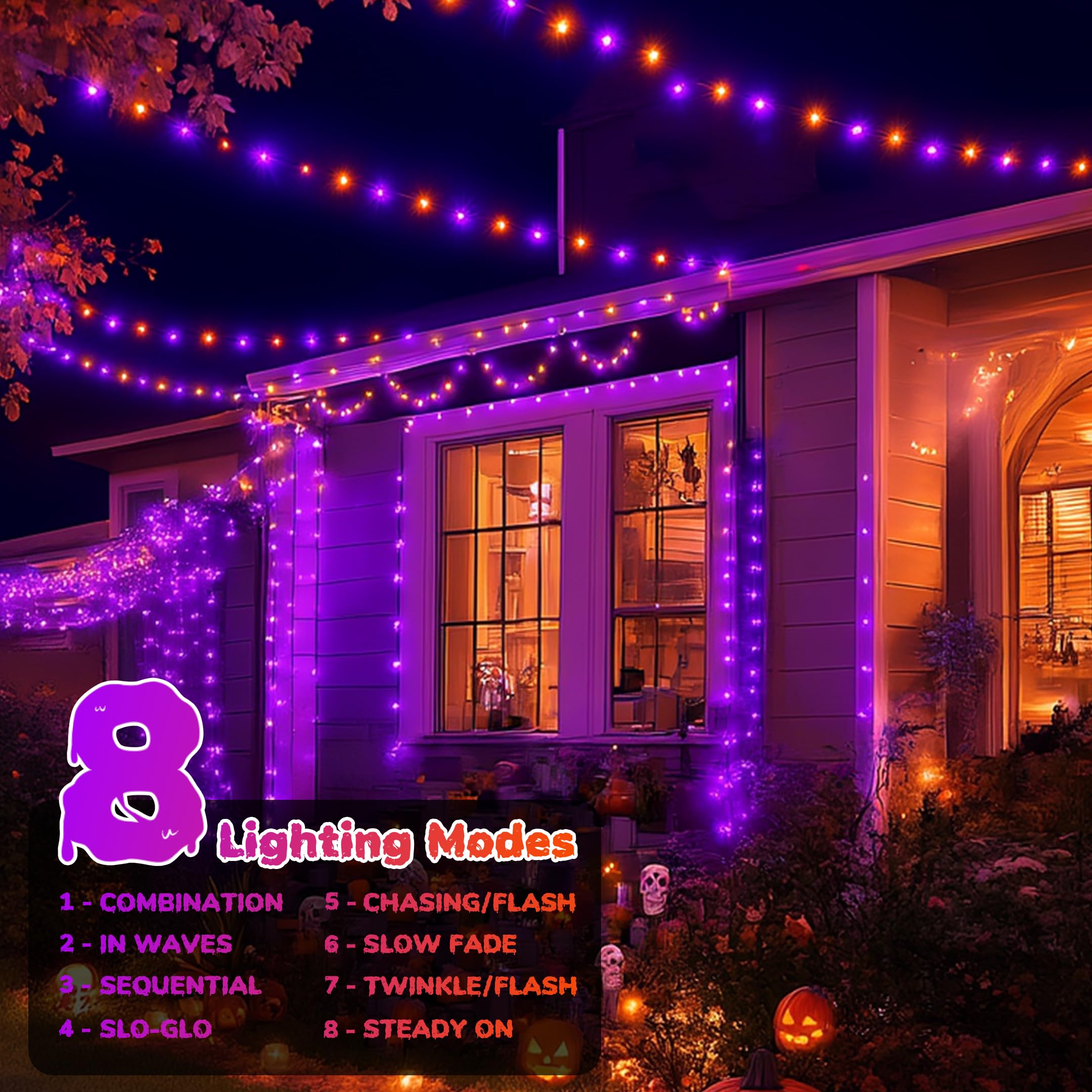 Tcamp 164FT 500 LED Orange Purple Halloween Lights, 8 Modes, Remote Timer, Green Wire, Model QL300AE