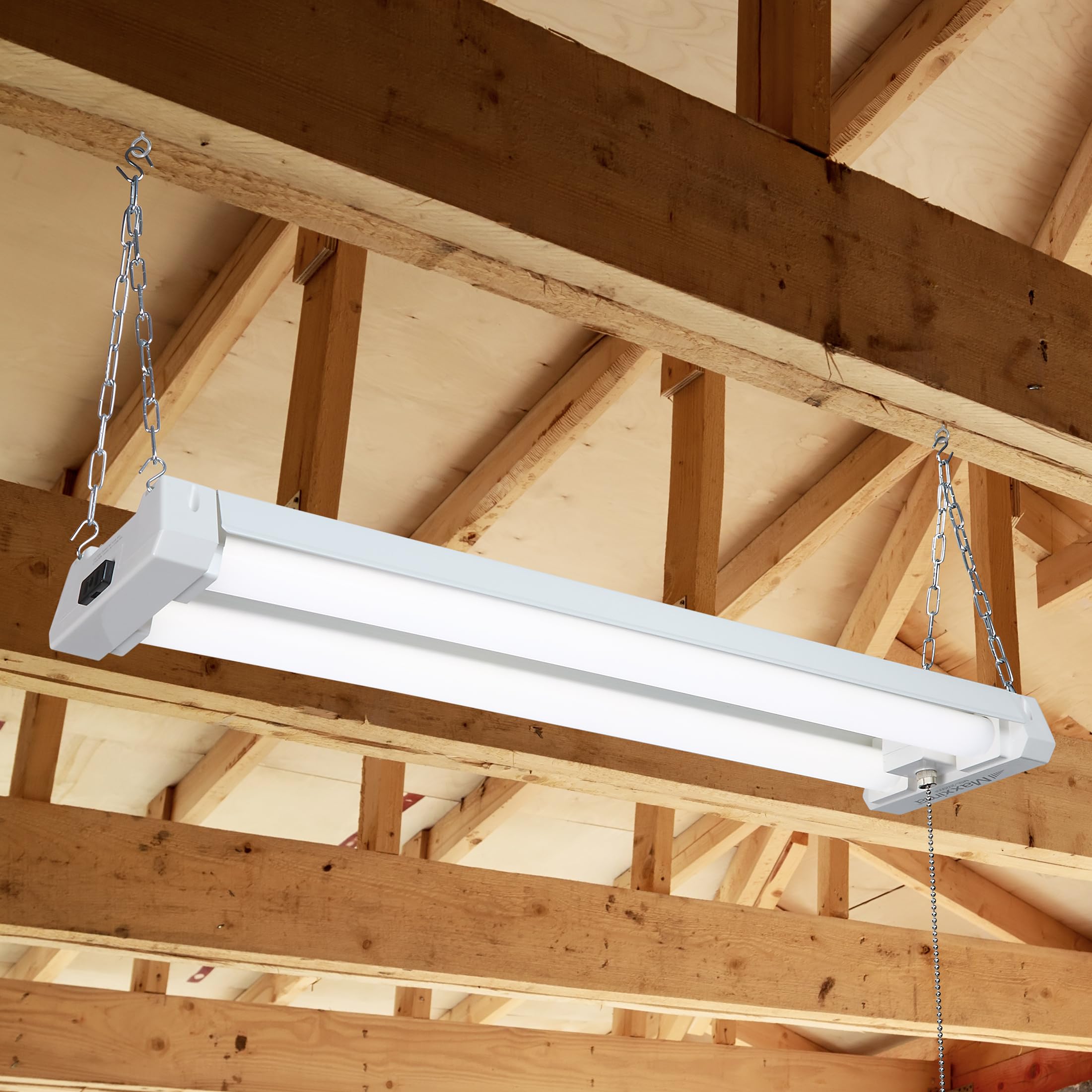 Maxxima LED Shop Light Fixture, 20W, 2000 Lumens, 5000K Daylight, Frosted Lens, Plug-in, Pull Chain, White, MSL-202000