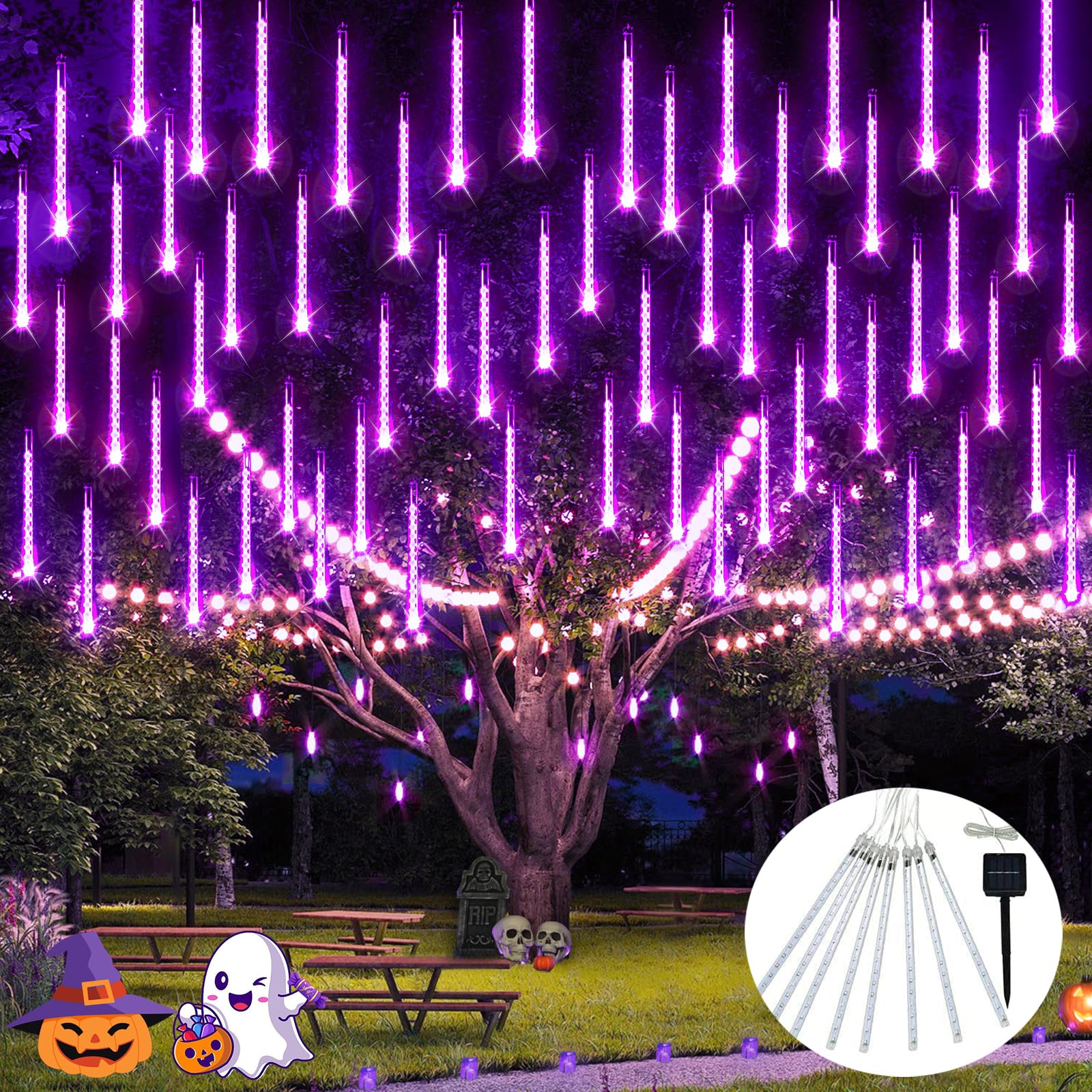JMEXSUS Solar Meteor Shower Lights, 8 Tube 144 LEDs, Waterproof, Purple, Christmas Outdoor Decorations
