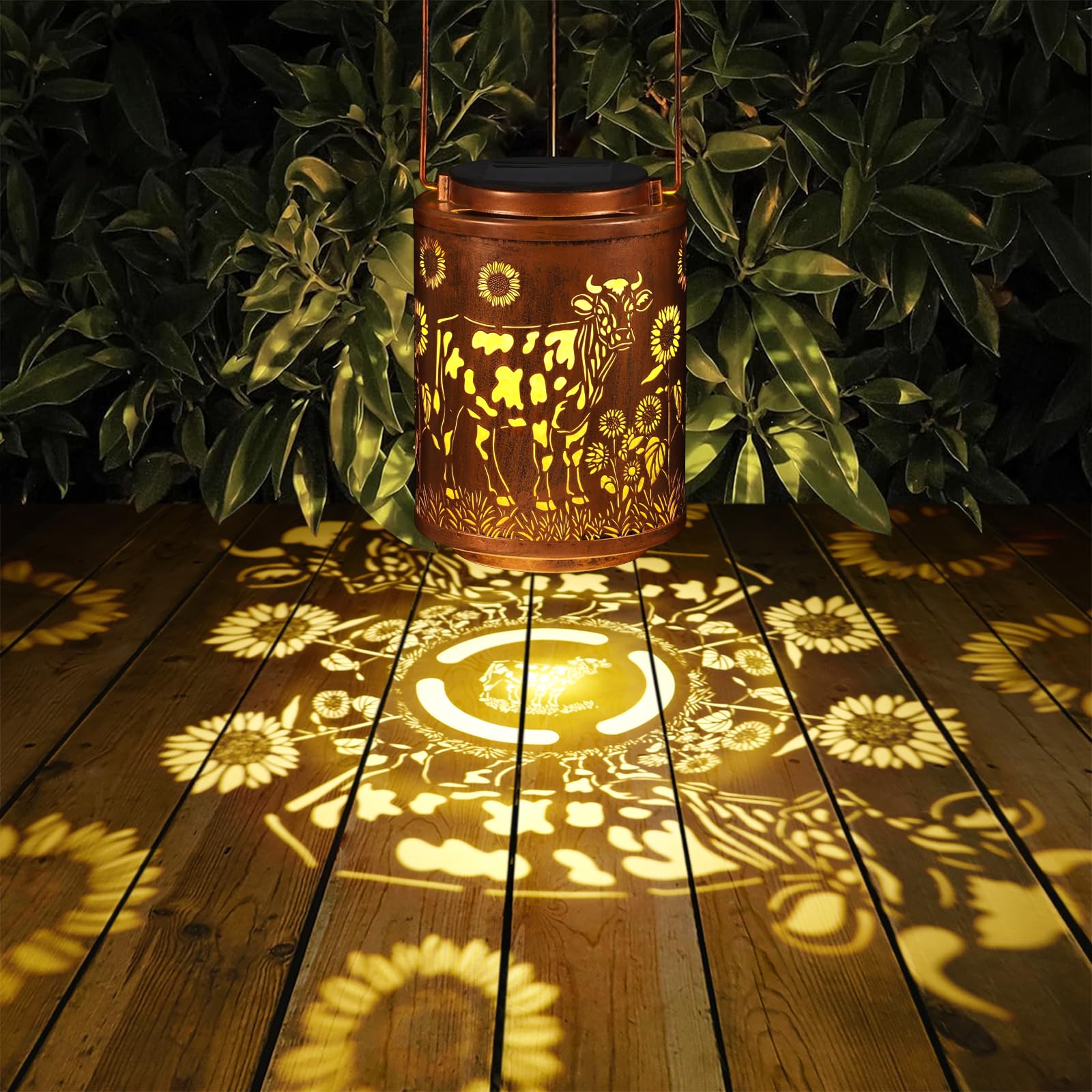 Tepaken Solar Lantern Garden Decor LED Hanging Light Metal Waterproof Cow Hummingbird-1 Gold