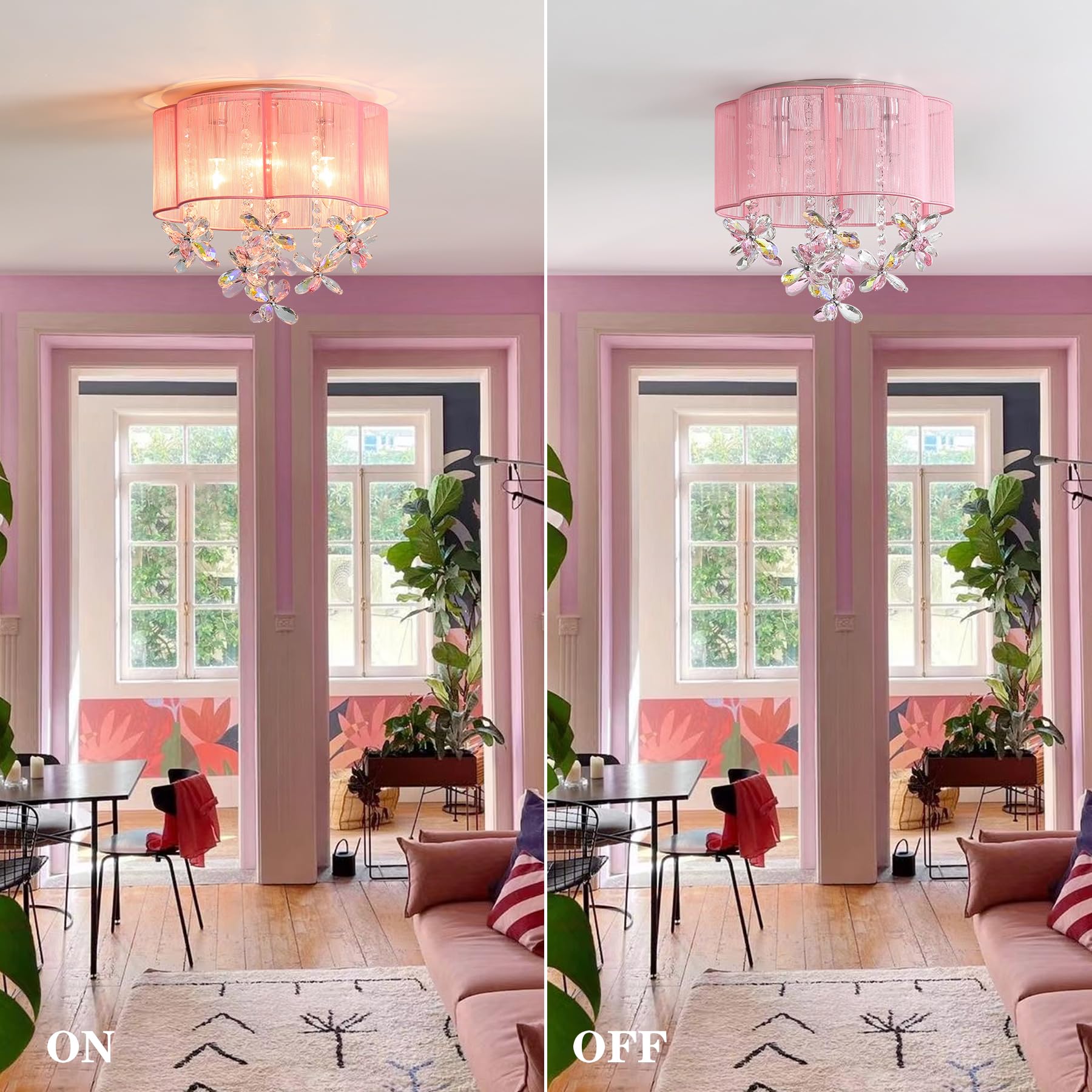 TRIBILLION 3 Light Pink Crystal Mini Chandelier 13" Flush Mount with Handmade Flower Lampshade for Girls' Bedroom, Nursery, Dinning Room