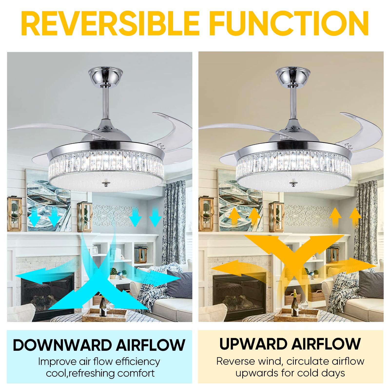 Bavnnro 42'' Crystal Ceiling Fan with Lights & Bluetooth Speaker, Silver, Model HYGXHG060G, Dimmable & Retractable for Living Room/Bedroom