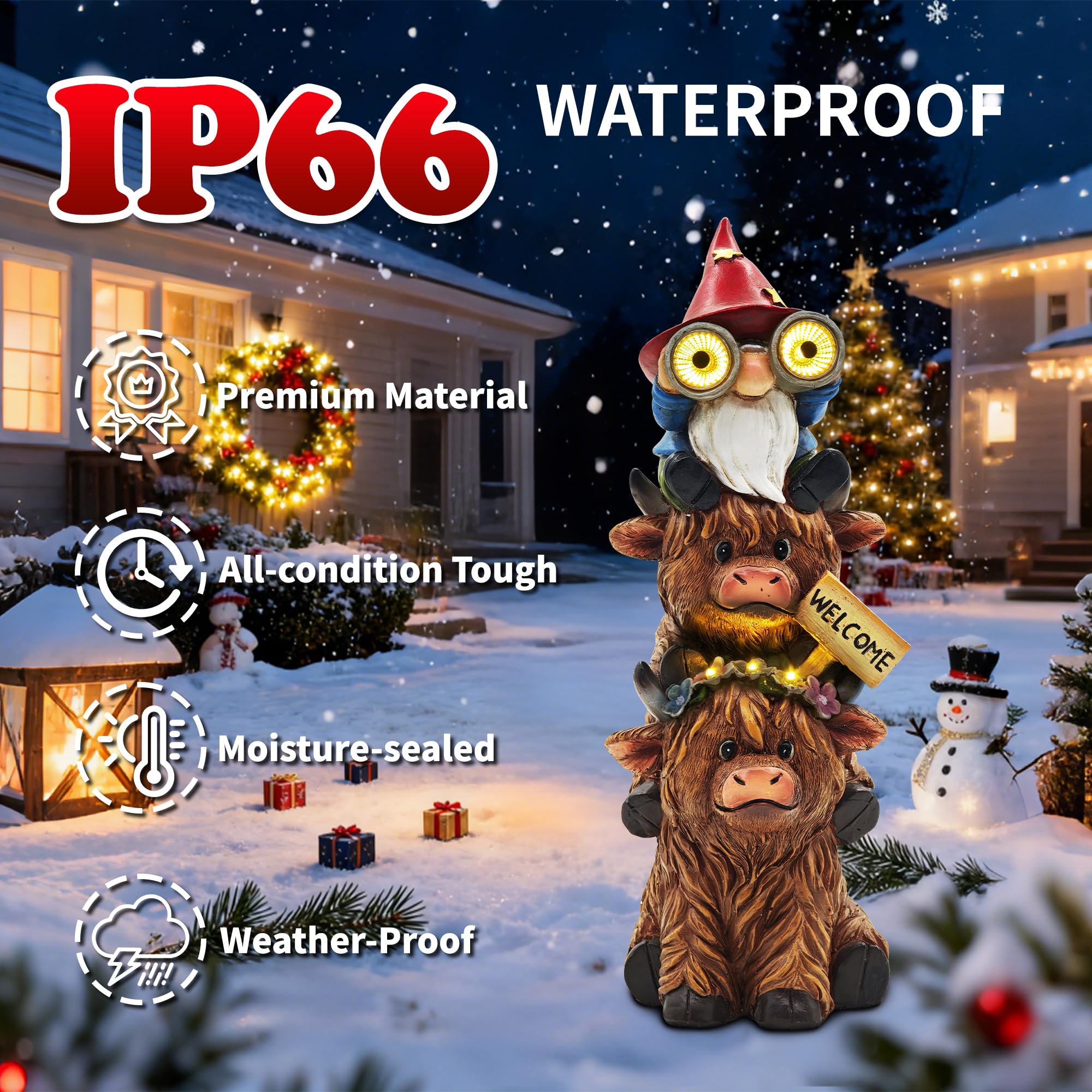 CFFOWNUG Christmas Garden Gnome Statue - 11'' Highland Cow Decor with Solar Light, Brown Resin, CF-Cow001-Telescope