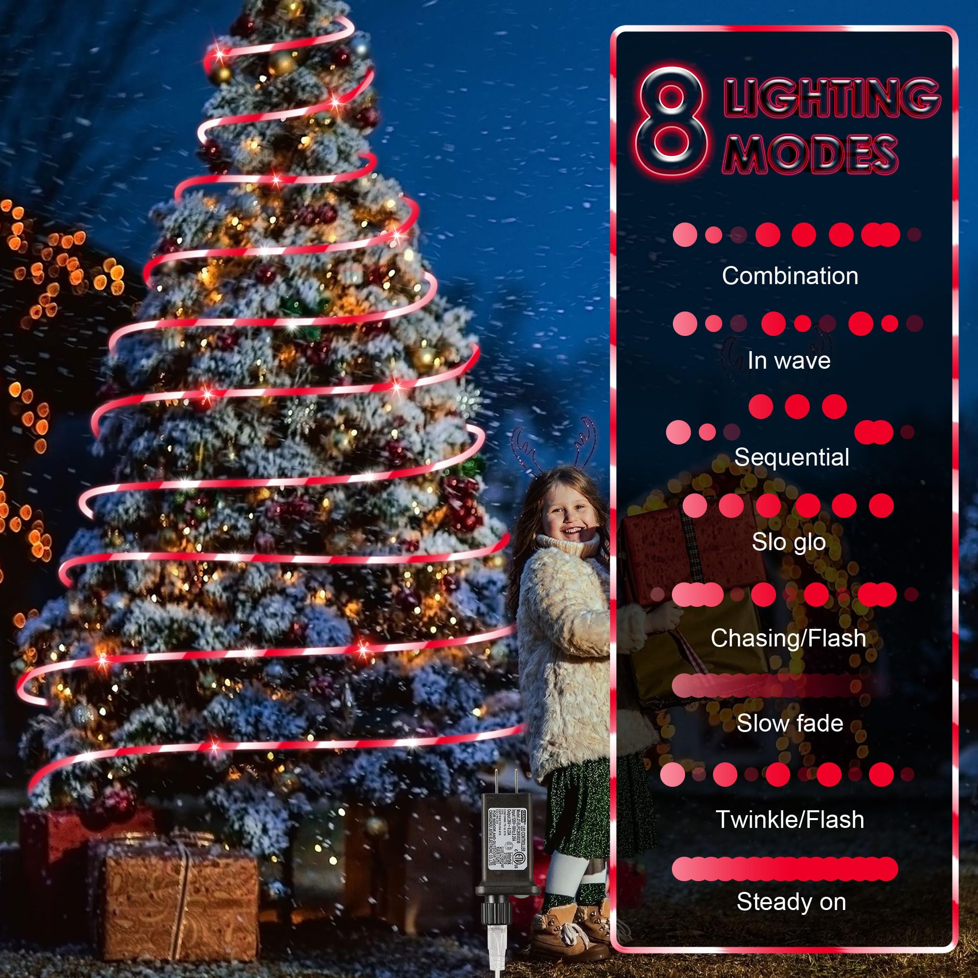Hiboom Christmas Candy Cane Rope Lights, 65.6 ft, Red & White, Waterproof, 8 Lighting Modes, Timer, Model CW-Hiboom-1463